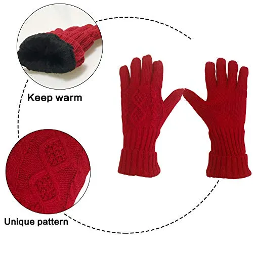 Warm Scarf Glove Hat Beanie Set - Cable Knit Winter Gift Set Pom Cap Touch Screen Glove Long Scarf 3 PCS Set for Women
