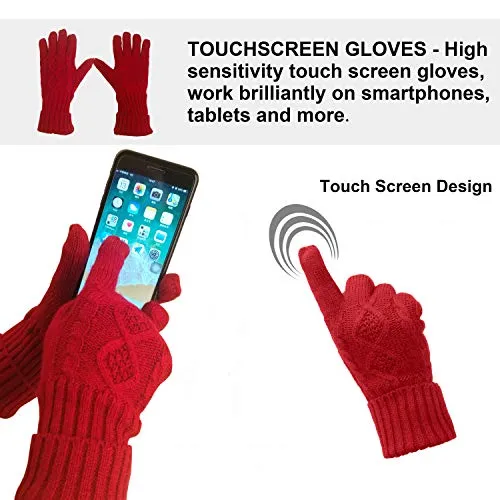 Warm Scarf Glove Hat Beanie Set - Cable Knit Winter Gift Set Pom Cap Touch Screen Glove Long Scarf 3 PCS Set for Women