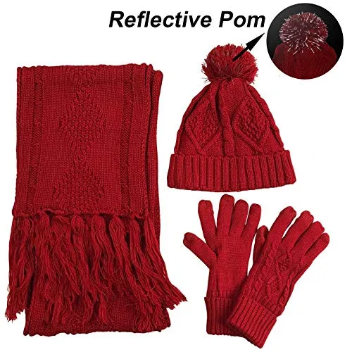 Warm Scarf Glove Hat Beanie Set - Cable Knit Winter Gift Set Pom Cap Touch Screen Glove Long Scarf 3 PCS Set for Women