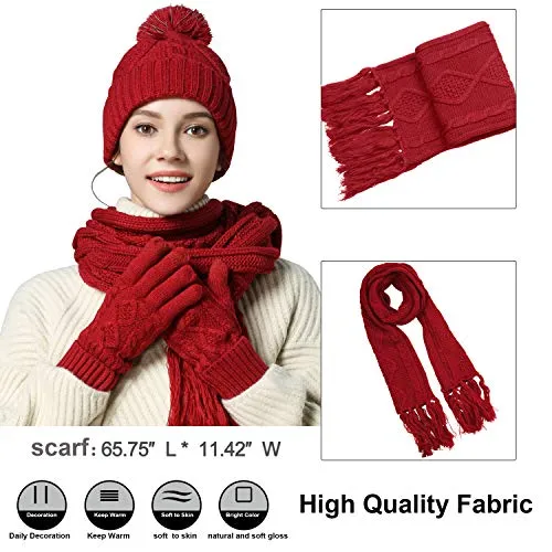 Warm Scarf Glove Hat Beanie Set - Cable Knit Winter Gift Set Pom Cap Touch Screen Glove Long Scarf 3 PCS Set for Women