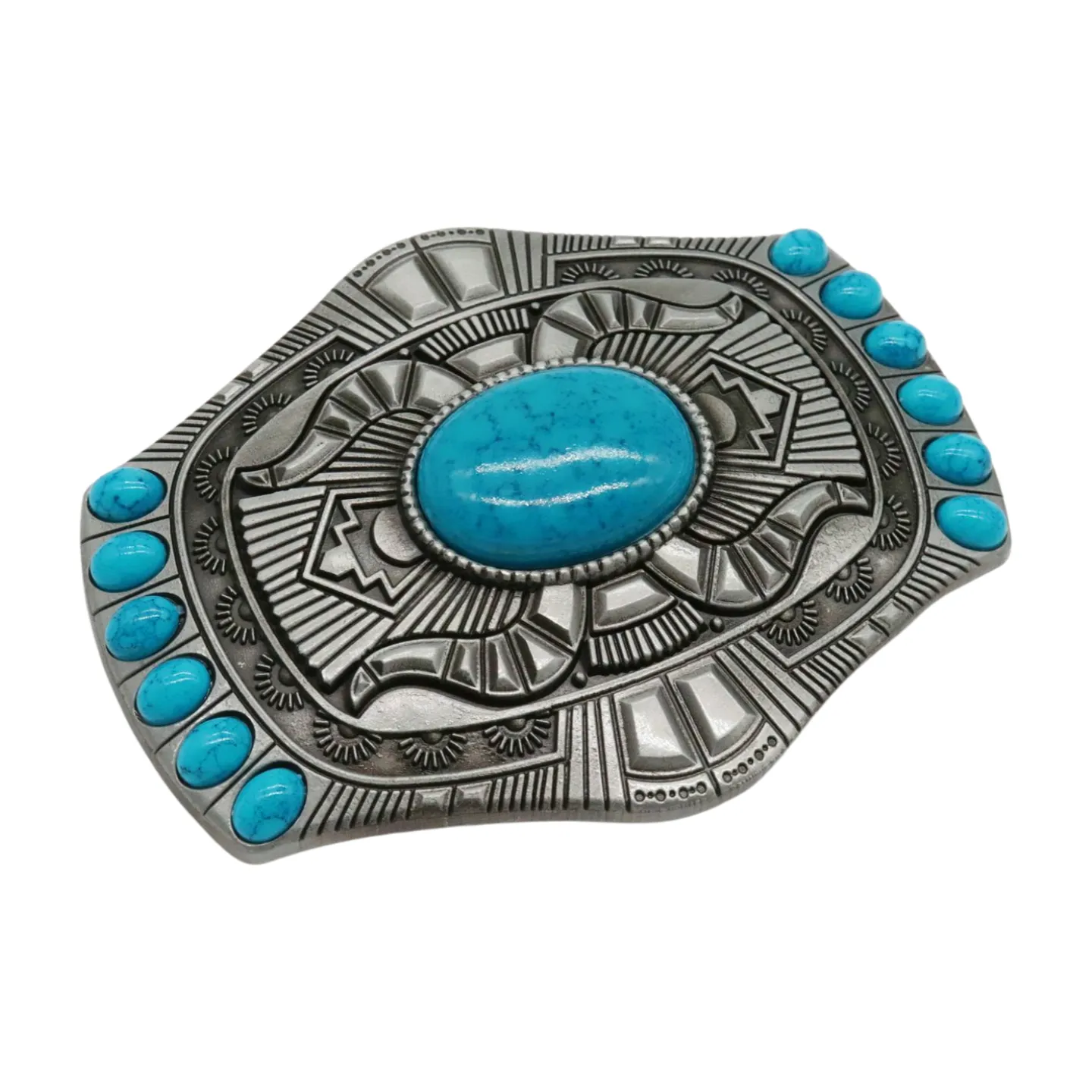 Western Style Ethnic Turquoise Beads Silver Metal Buckle