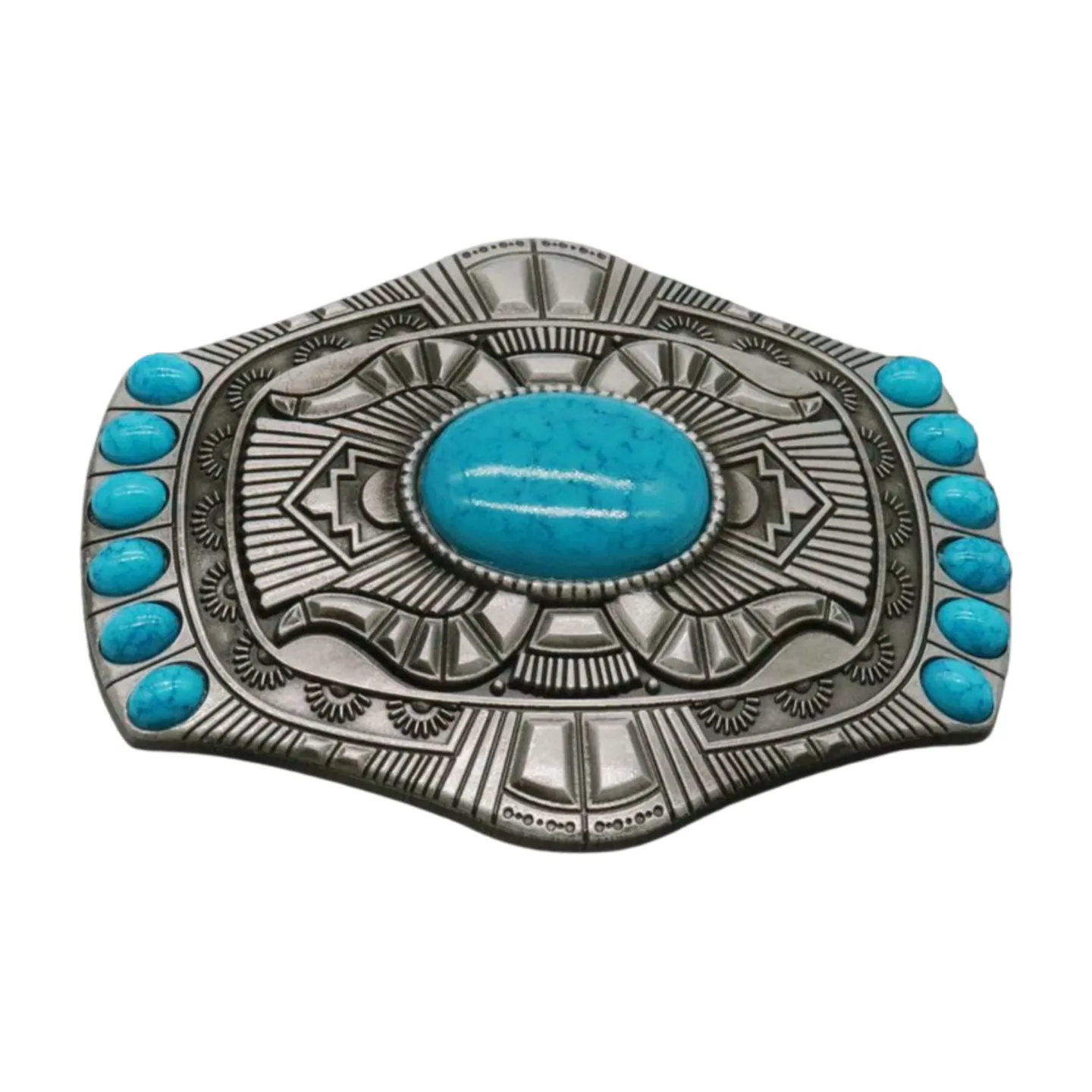 Western Style Ethnic Turquoise Beads Silver Metal Buckle