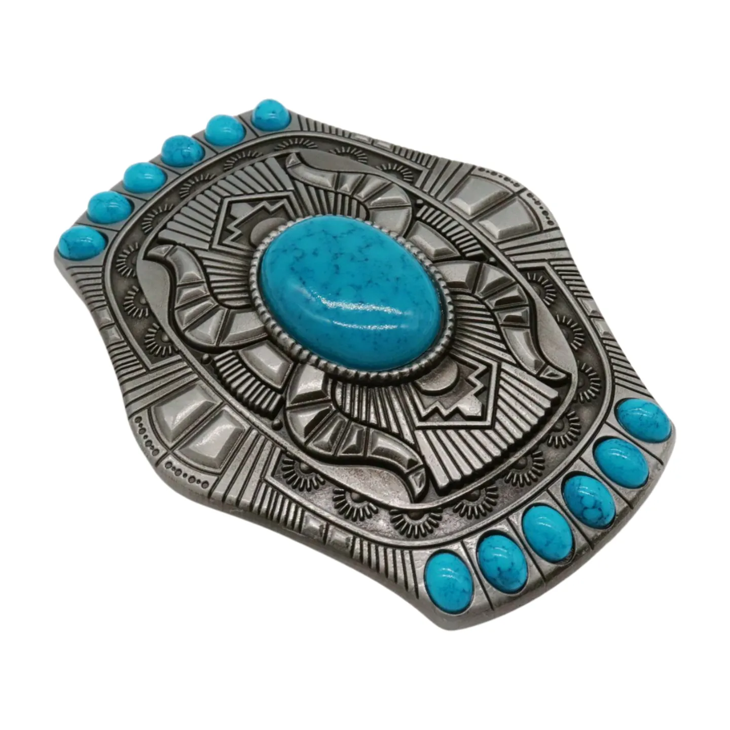 Western Style Ethnic Turquoise Beads Silver Metal Buckle