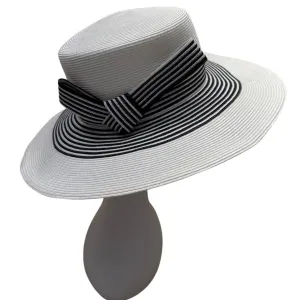 White & Black Striped Wide-Brim Sun Hat With Bow Detail