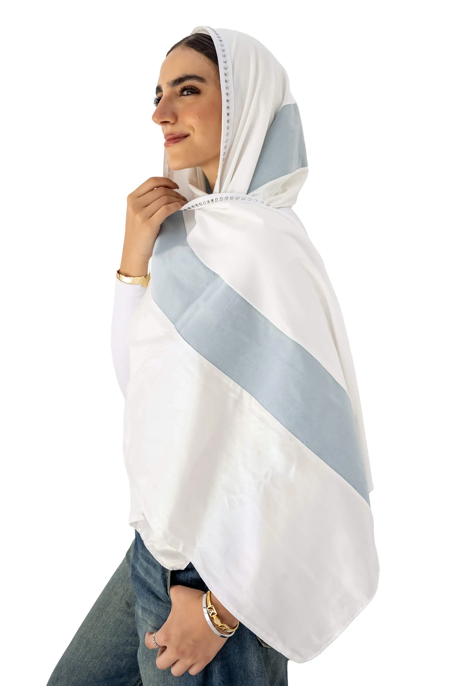 White & Sky Blue Layla Embellished Scarf
