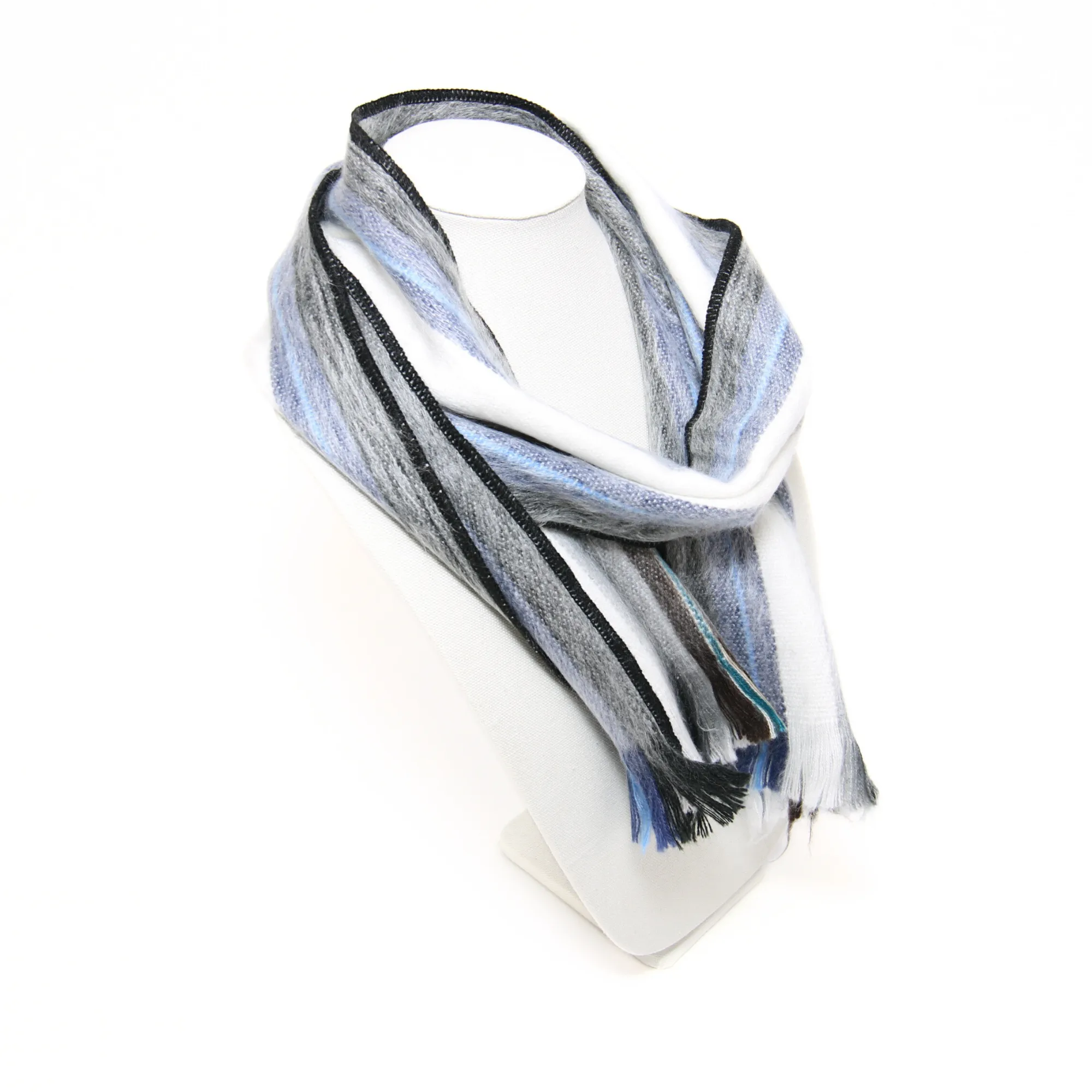 White, Black and Light Blue Alpaca Traditional Scarf
