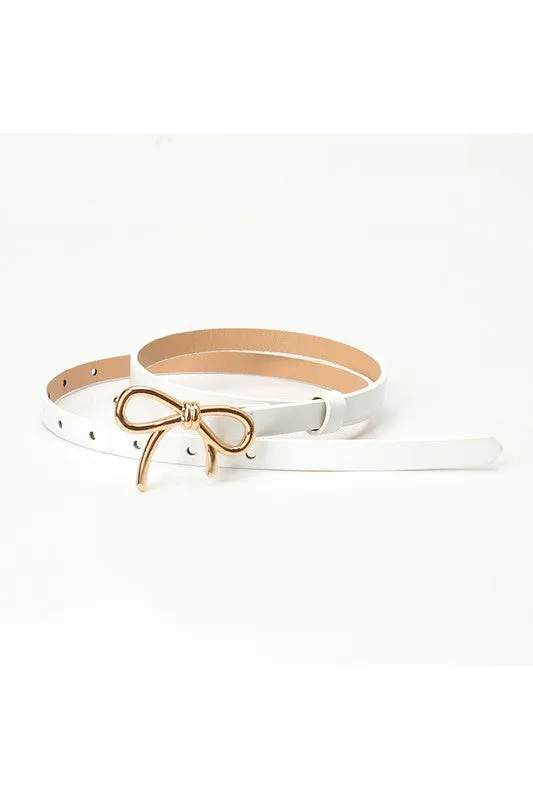 White Blue Bow Buckle Decor Thin PU Belt – Stylish Adjustable Belt with Gold Bow Buckle for Chic Everyday Looks
