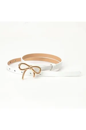 White Blue Bow Buckle Decor Thin PU Belt – Stylish Adjustable Belt with Gold Bow Buckle for Chic Everyday Looks