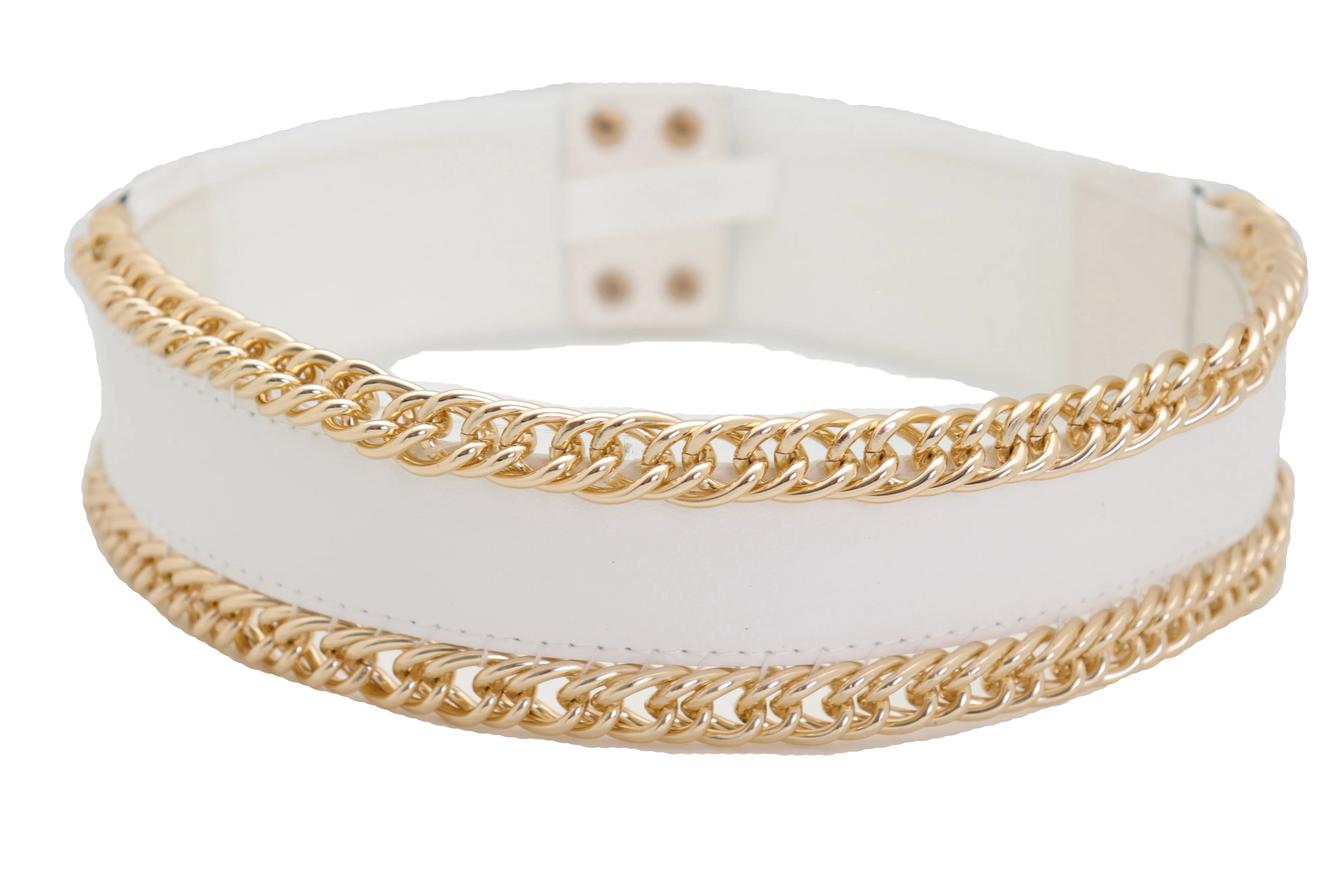 White Faux Leather Stretch Waistband Wide Belt Gold Metal Chain Links S M