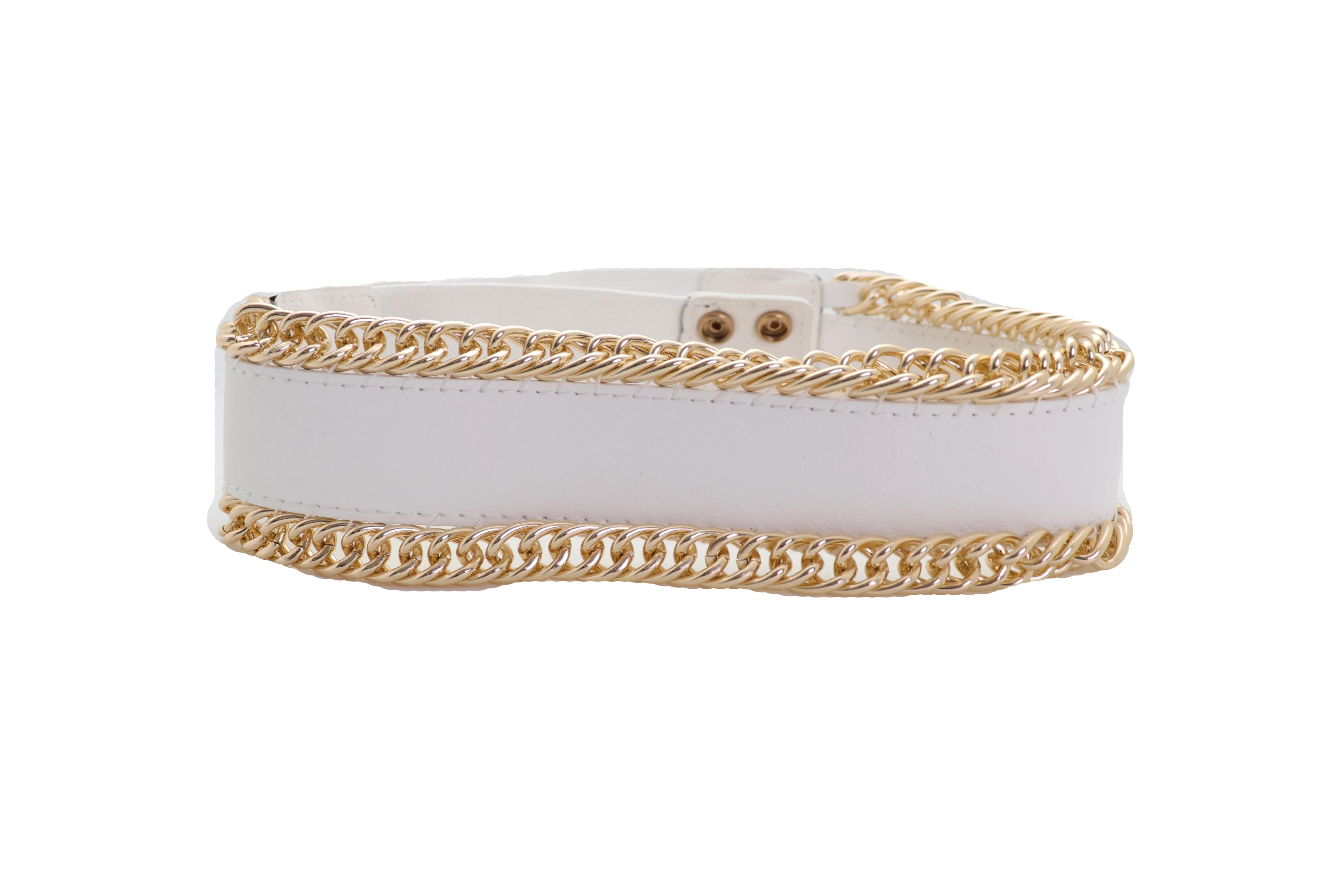 White Faux Leather Stretch Waistband Wide Belt Gold Metal Chain Links S M