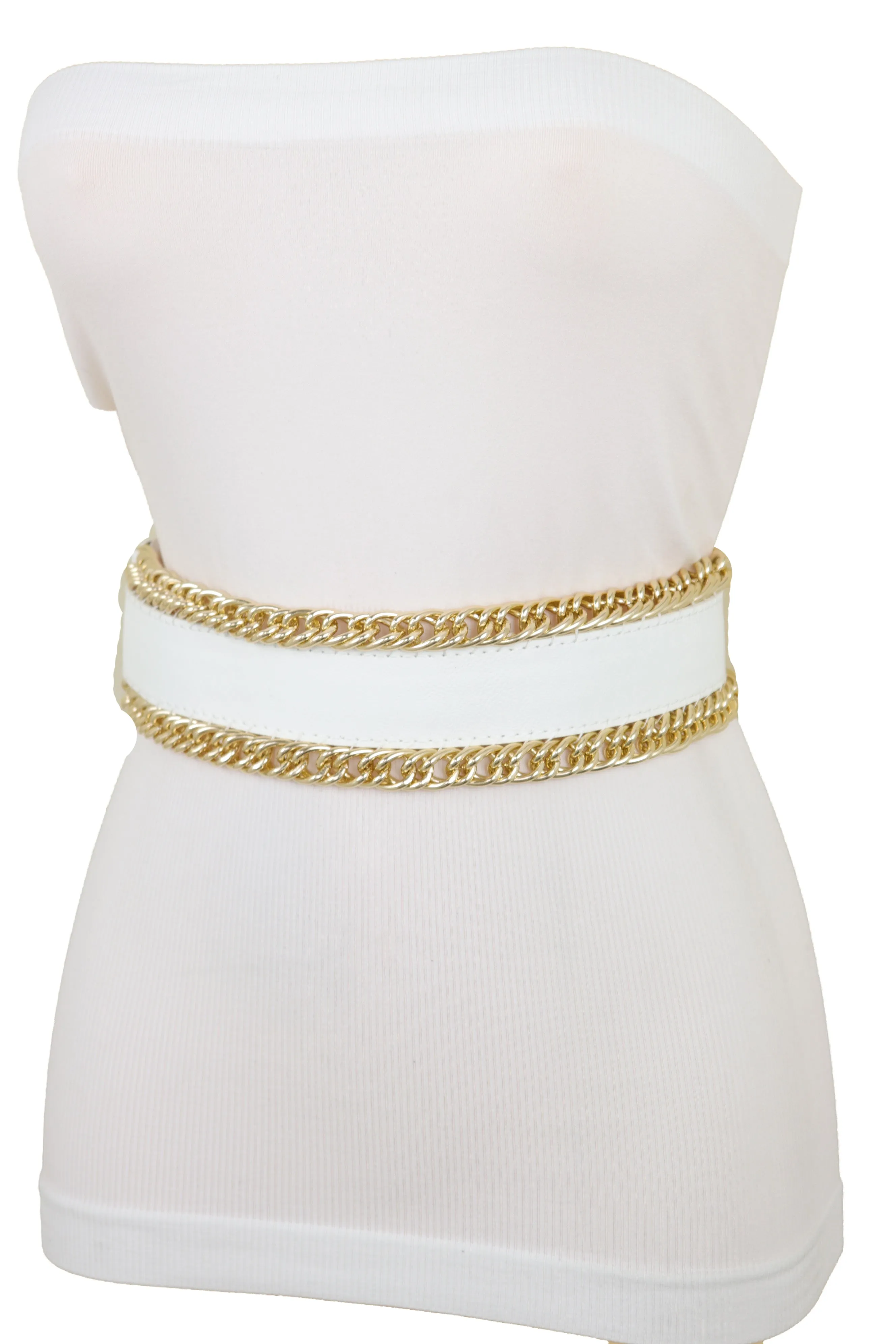 White Faux Leather Stretch Waistband Wide Belt Gold Metal Chain Links S M