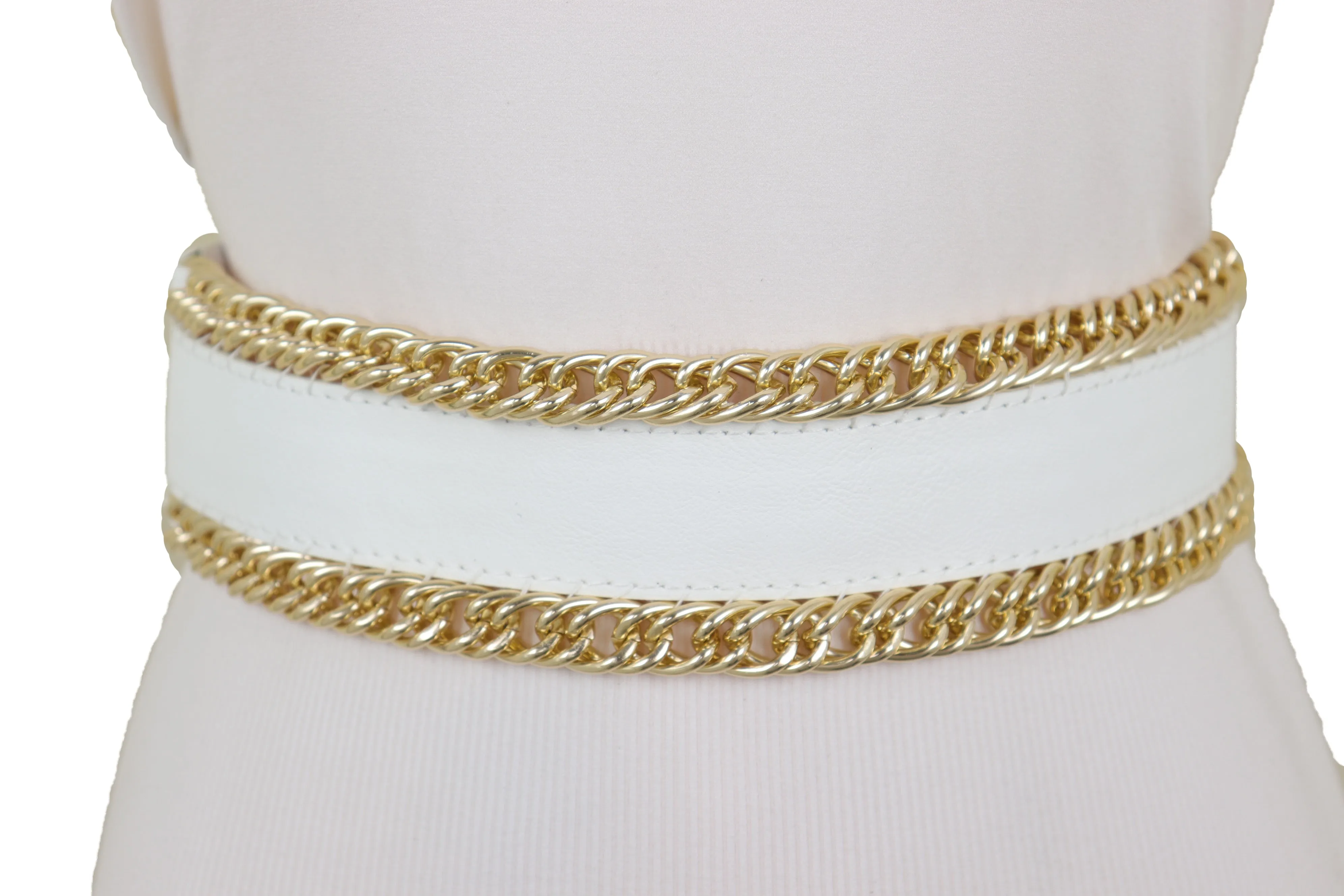 White Faux Leather Stretch Waistband Wide Belt Gold Metal Chain Links S M