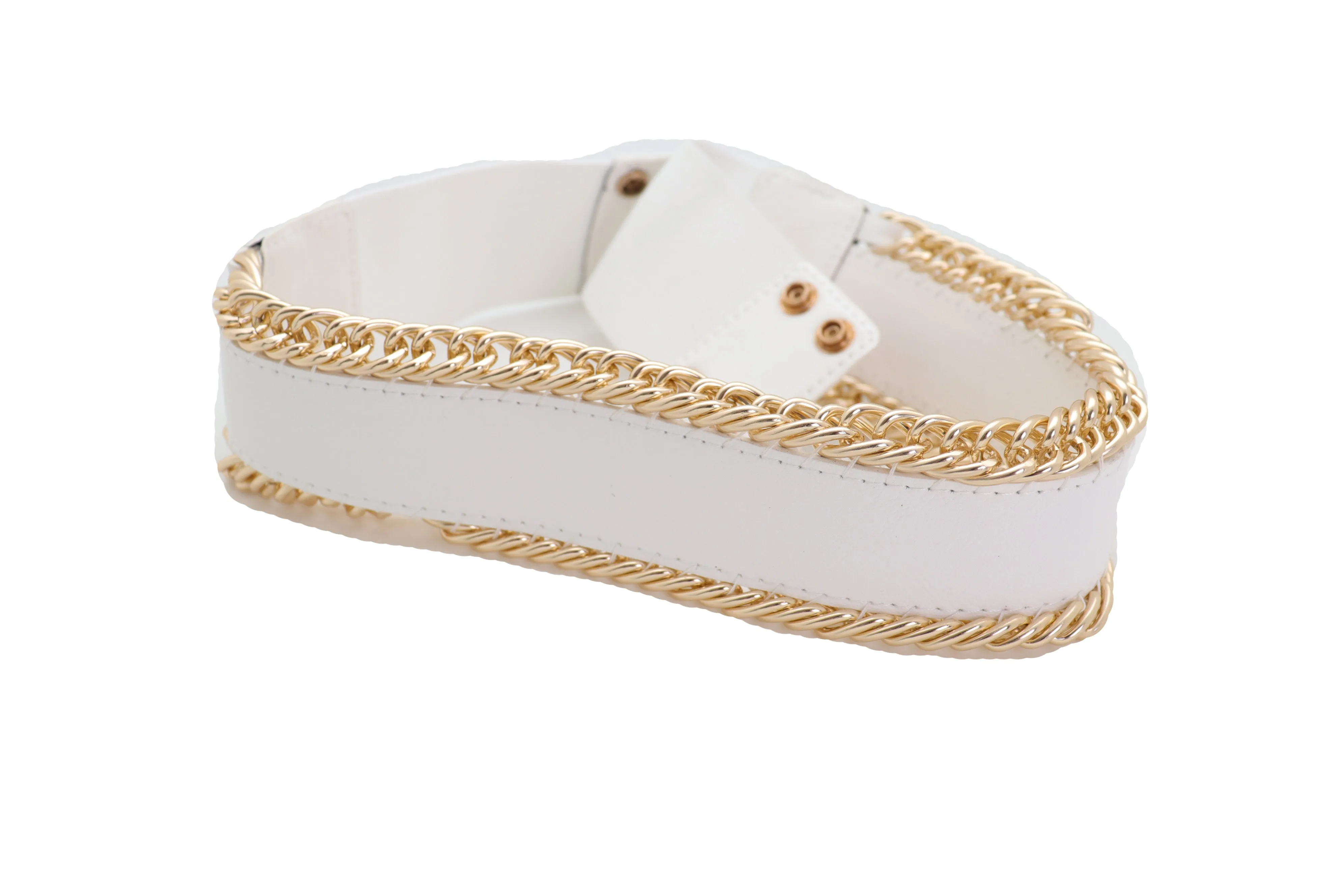 White Faux Leather Stretch Waistband Wide Belt Gold Metal Chain Links S M
