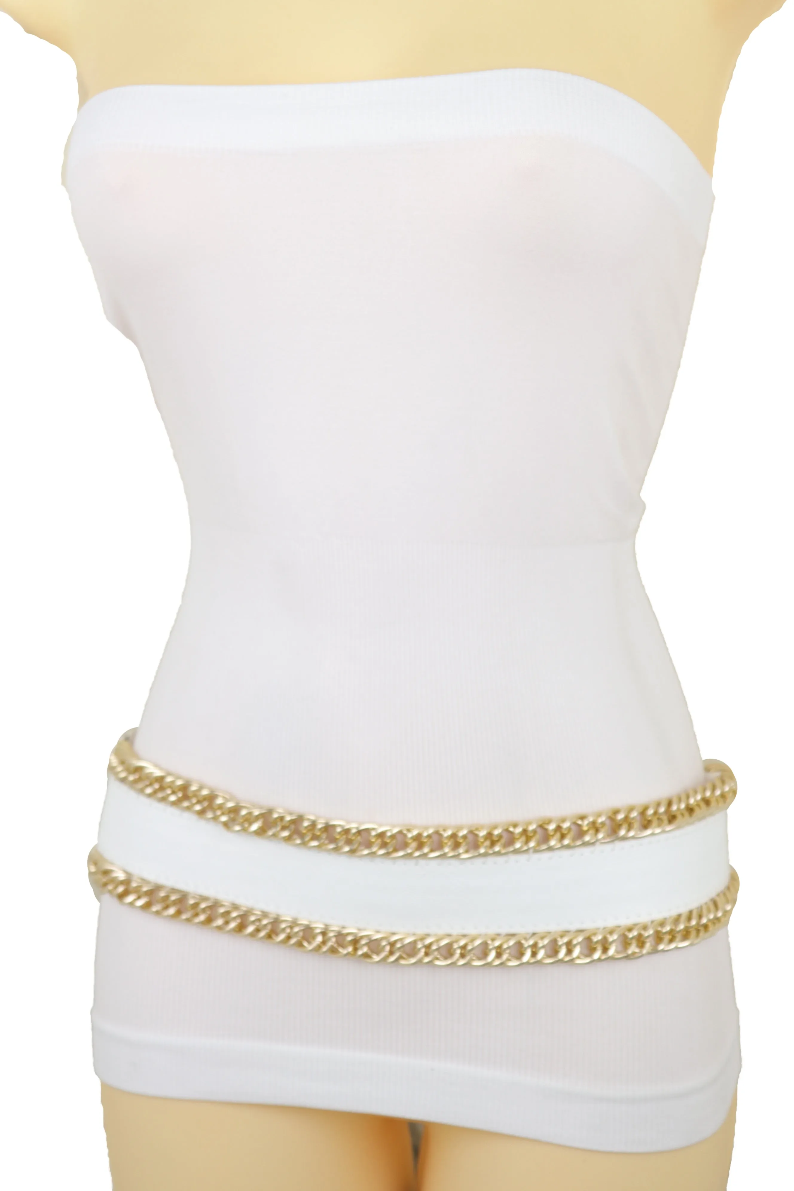 White Faux Leather Stretch Waistband Wide Belt Gold Metal Chain Links S M