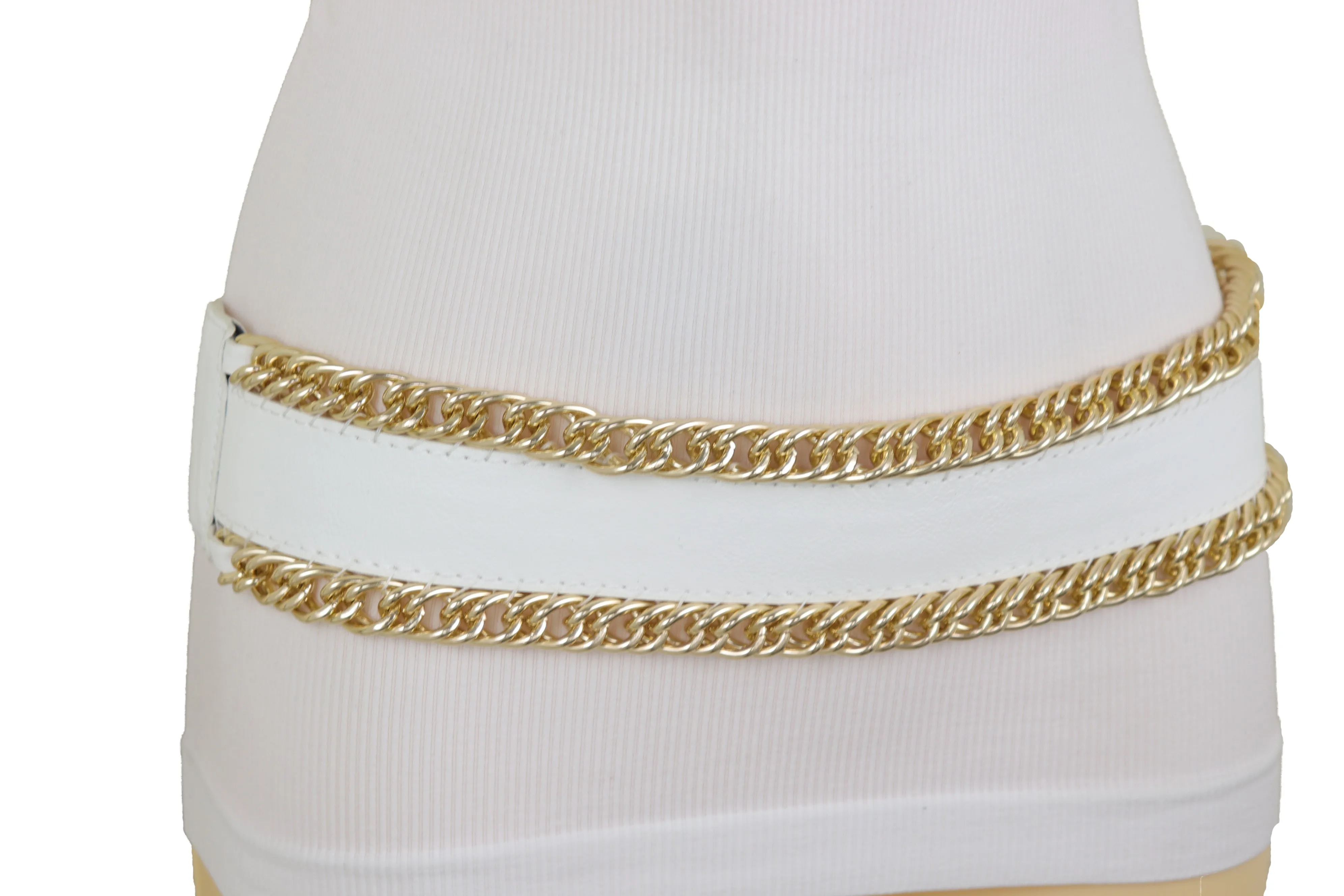 White Faux Leather Stretch Waistband Wide Belt Gold Metal Chain Links S M
