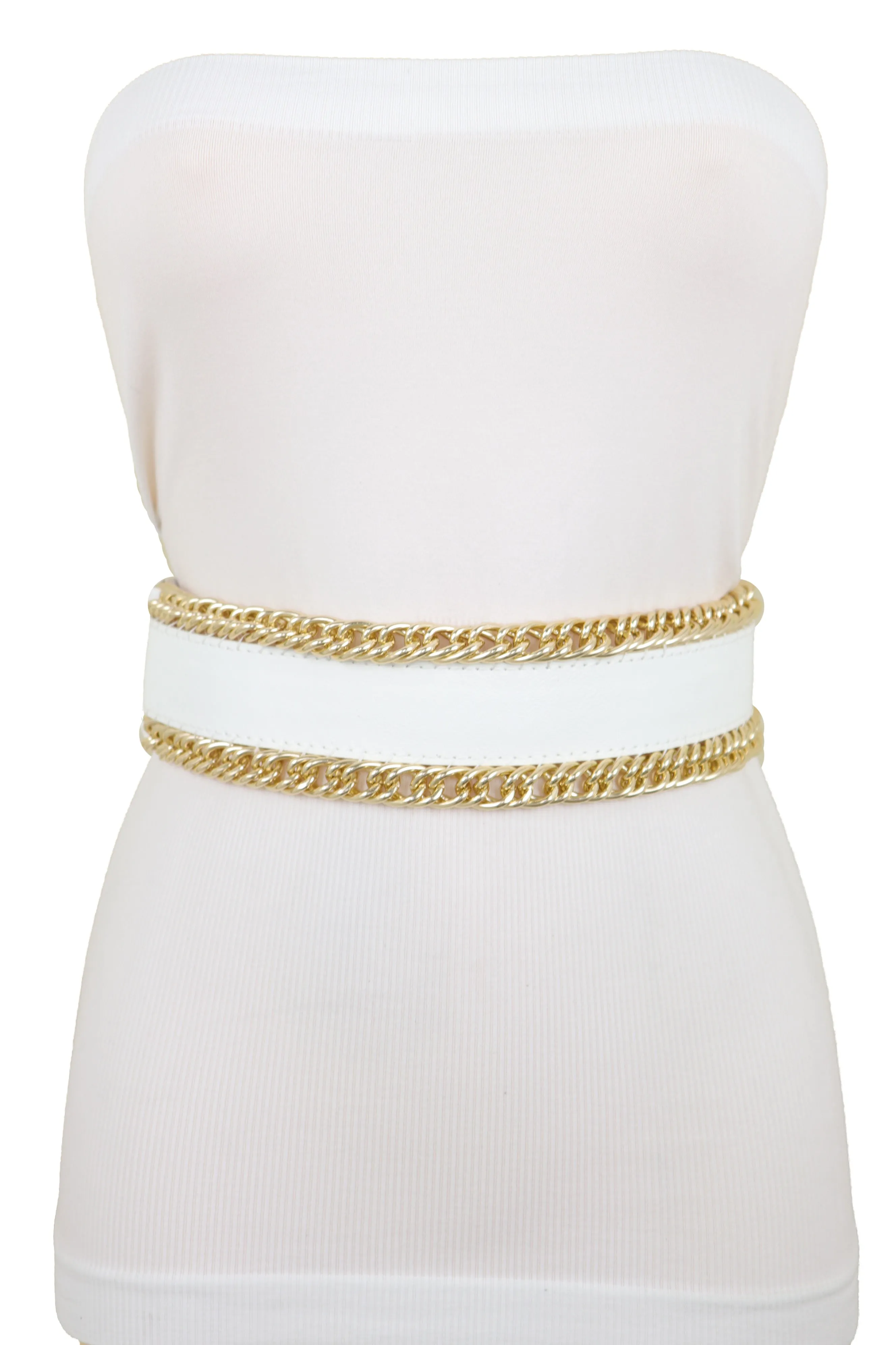 White Faux Leather Stretch Waistband Wide Belt Gold Metal Chain Links S M