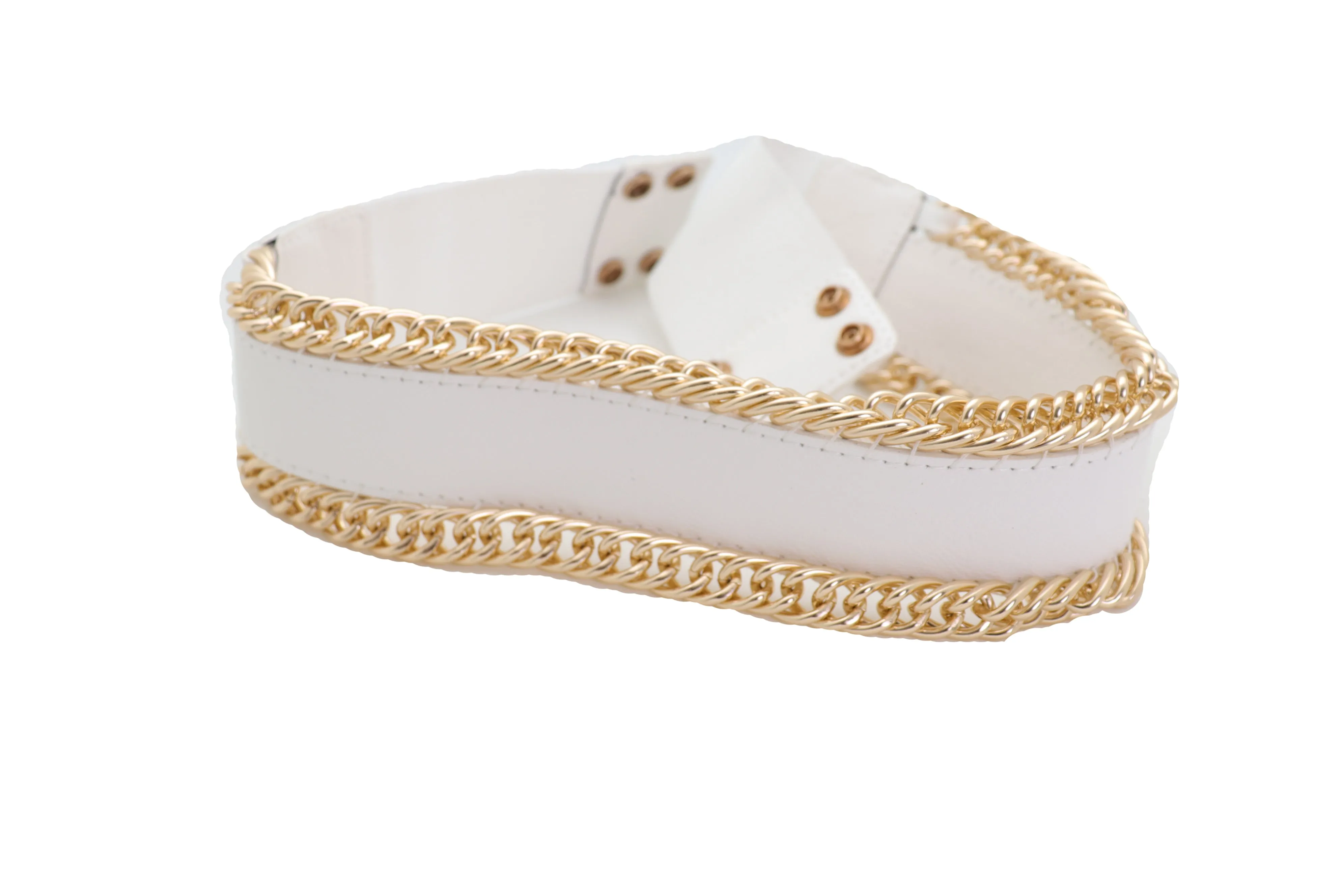 White Faux Leather Stretch Waistband Wide Belt Gold Metal Chain Links S M