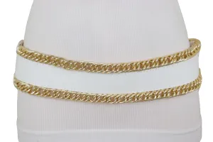 White Faux Leather Stretch Waistband Wide Belt Gold Metal Chain Links S M