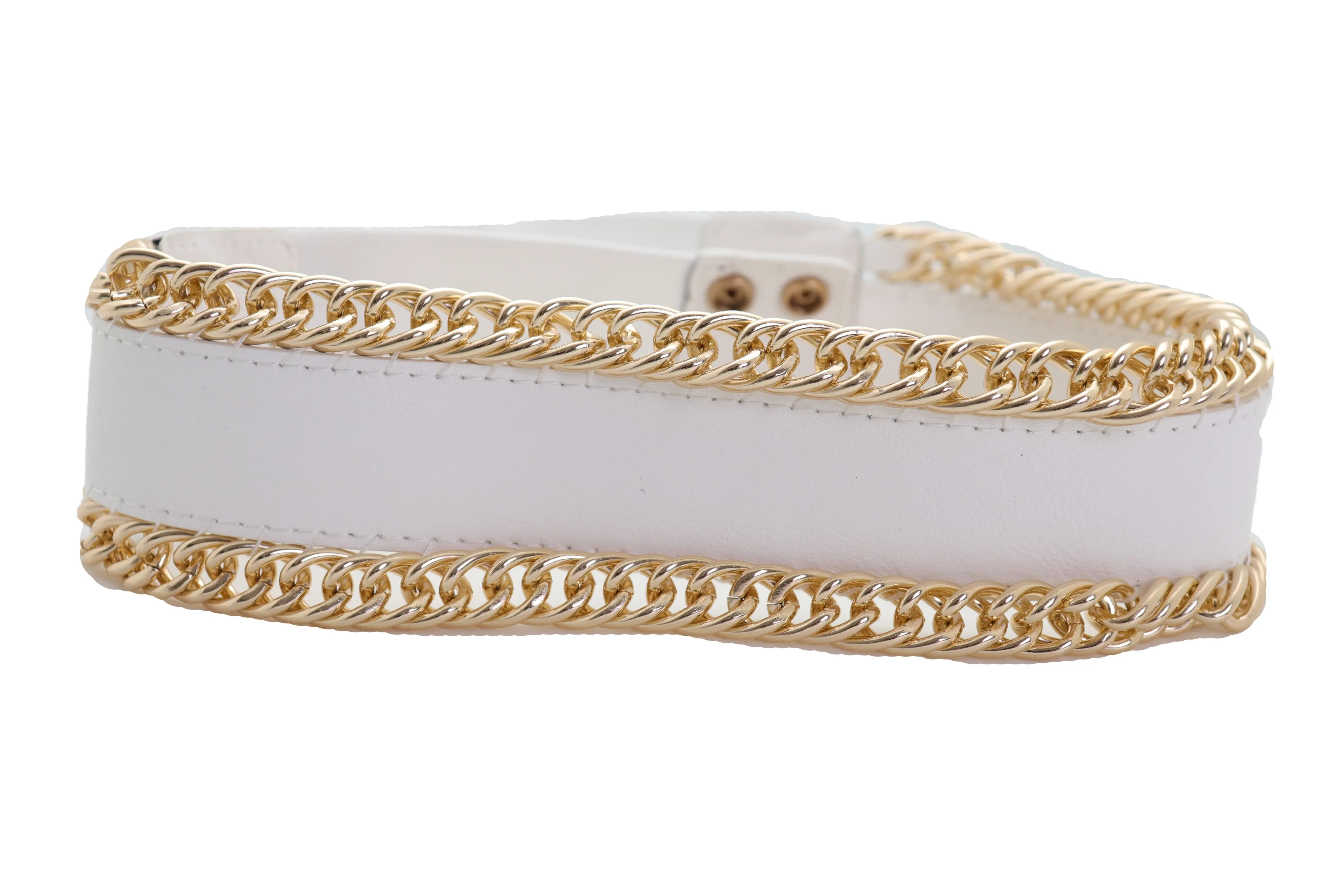 White Faux Leather Stretch Waistband Wide Belt Gold Metal Chain Links S M