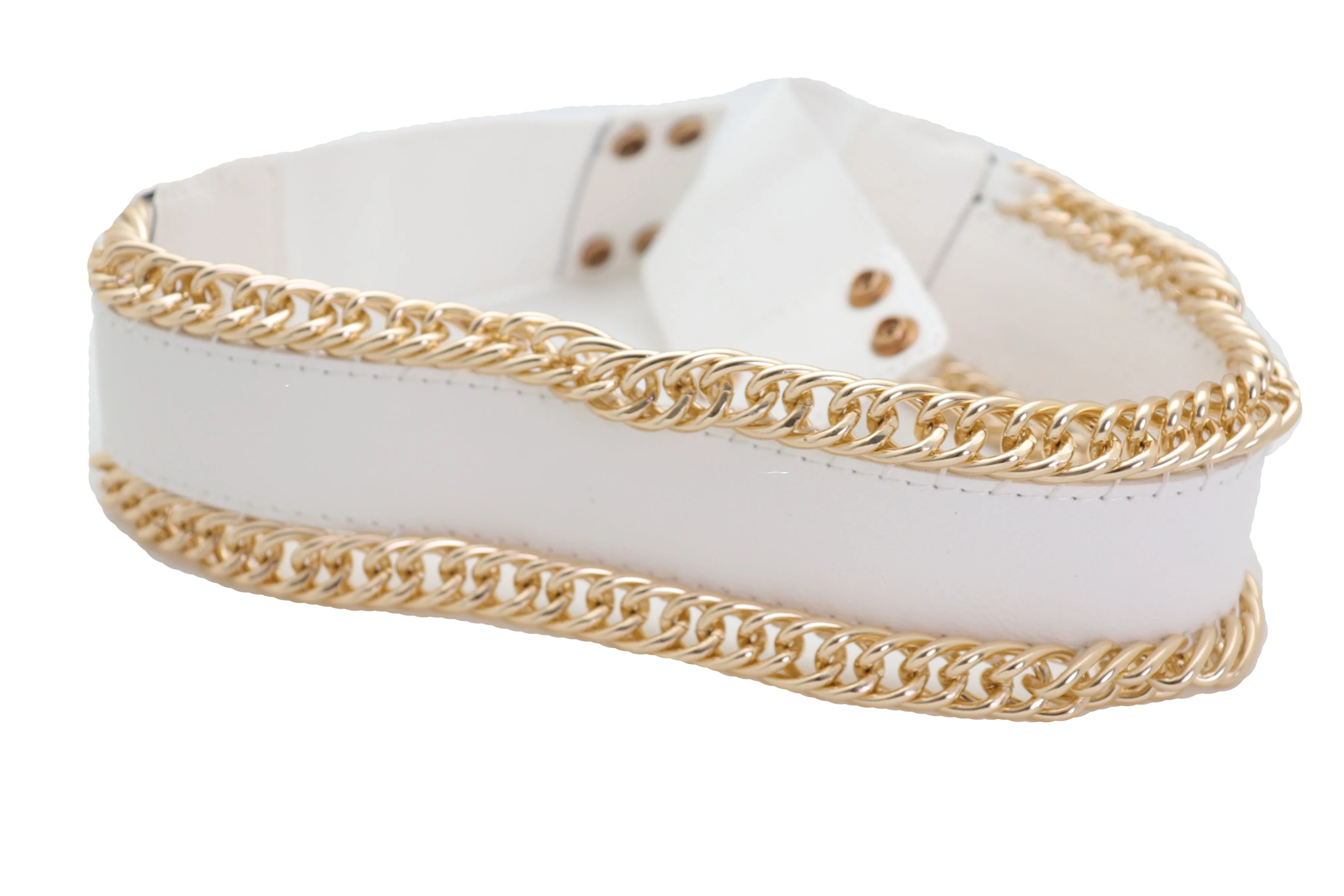 White Faux Leather Stretch Waistband Wide Belt Gold Metal Chain Links S M
