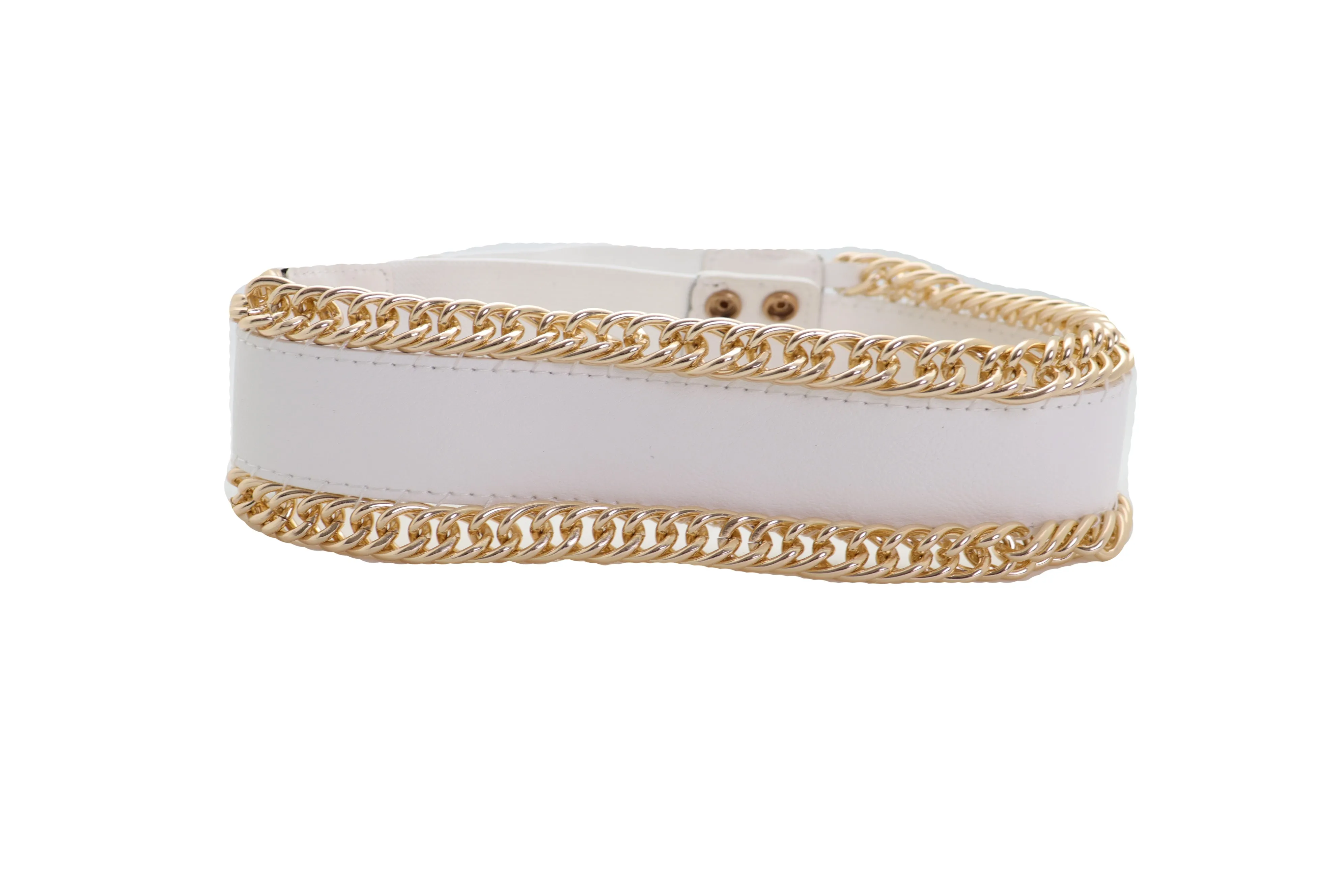 White Faux Leather Stretch Waistband Wide Belt Gold Metal Chain Links S M