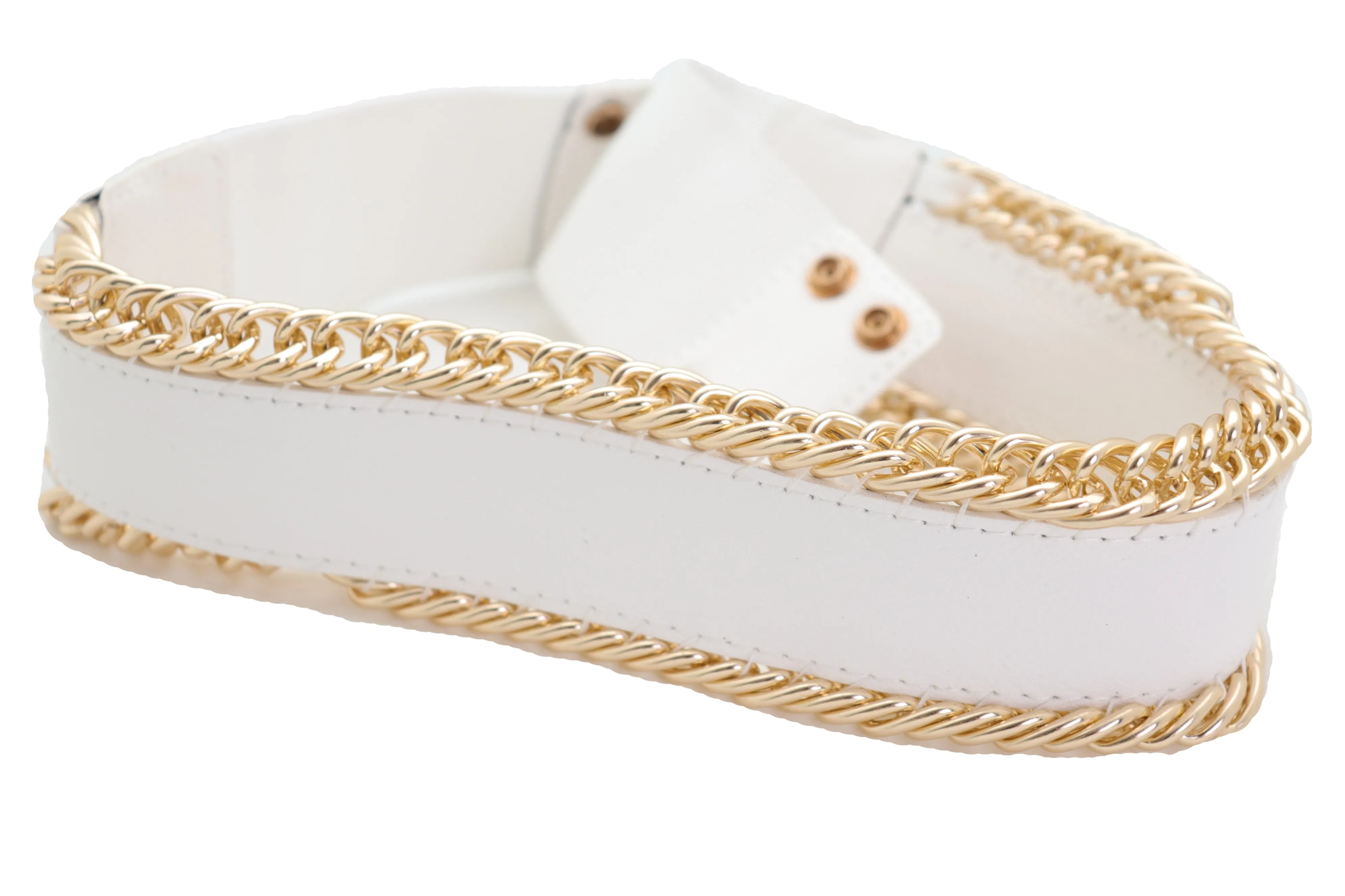 White Faux Leather Stretch Waistband Wide Belt Gold Metal Chain Links S M