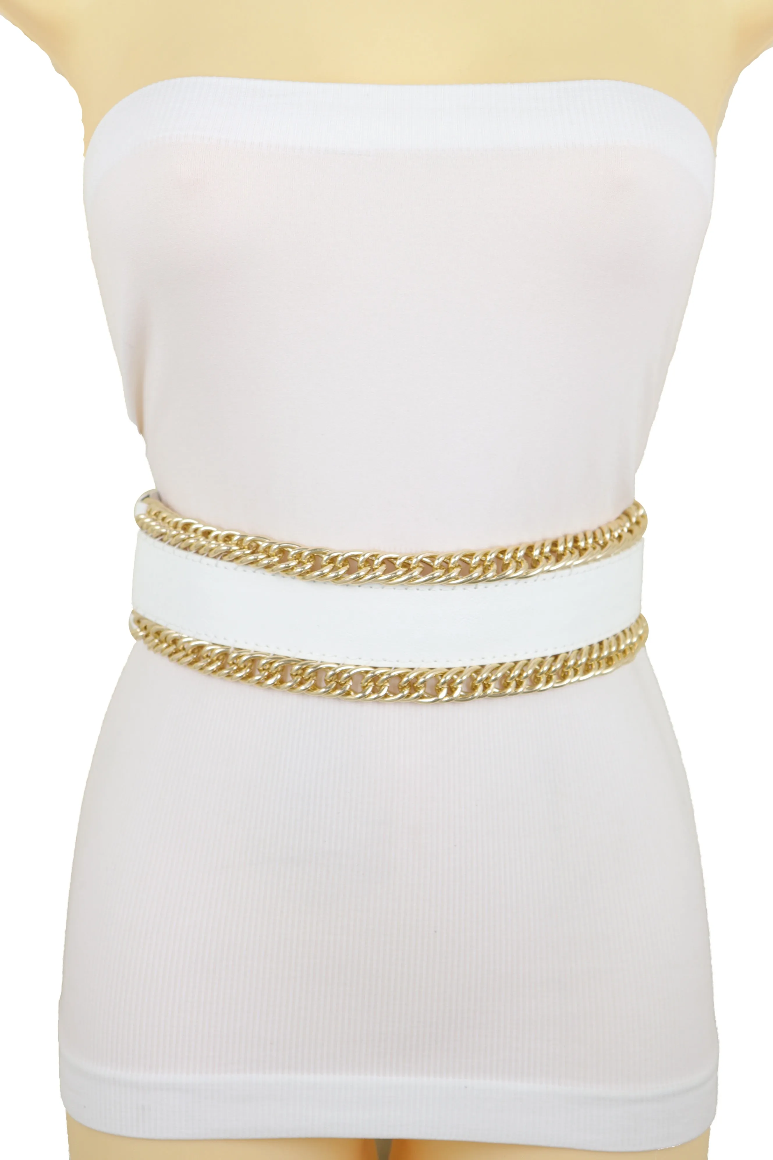 White Faux Leather Stretch Waistband Wide Belt Gold Metal Chain Links S M