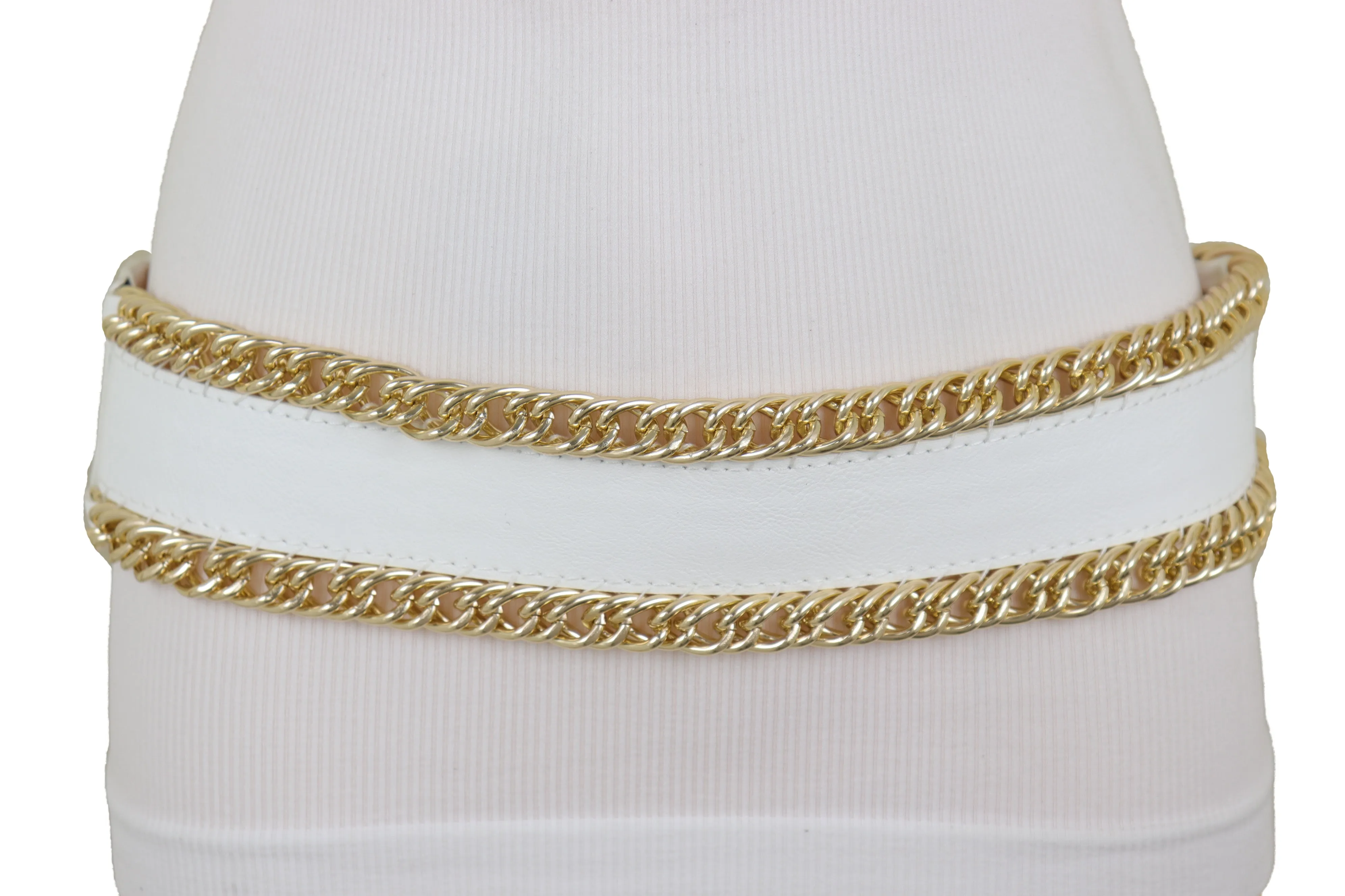 White Faux Leather Stretch Waistband Wide Belt Gold Metal Chain Links S M