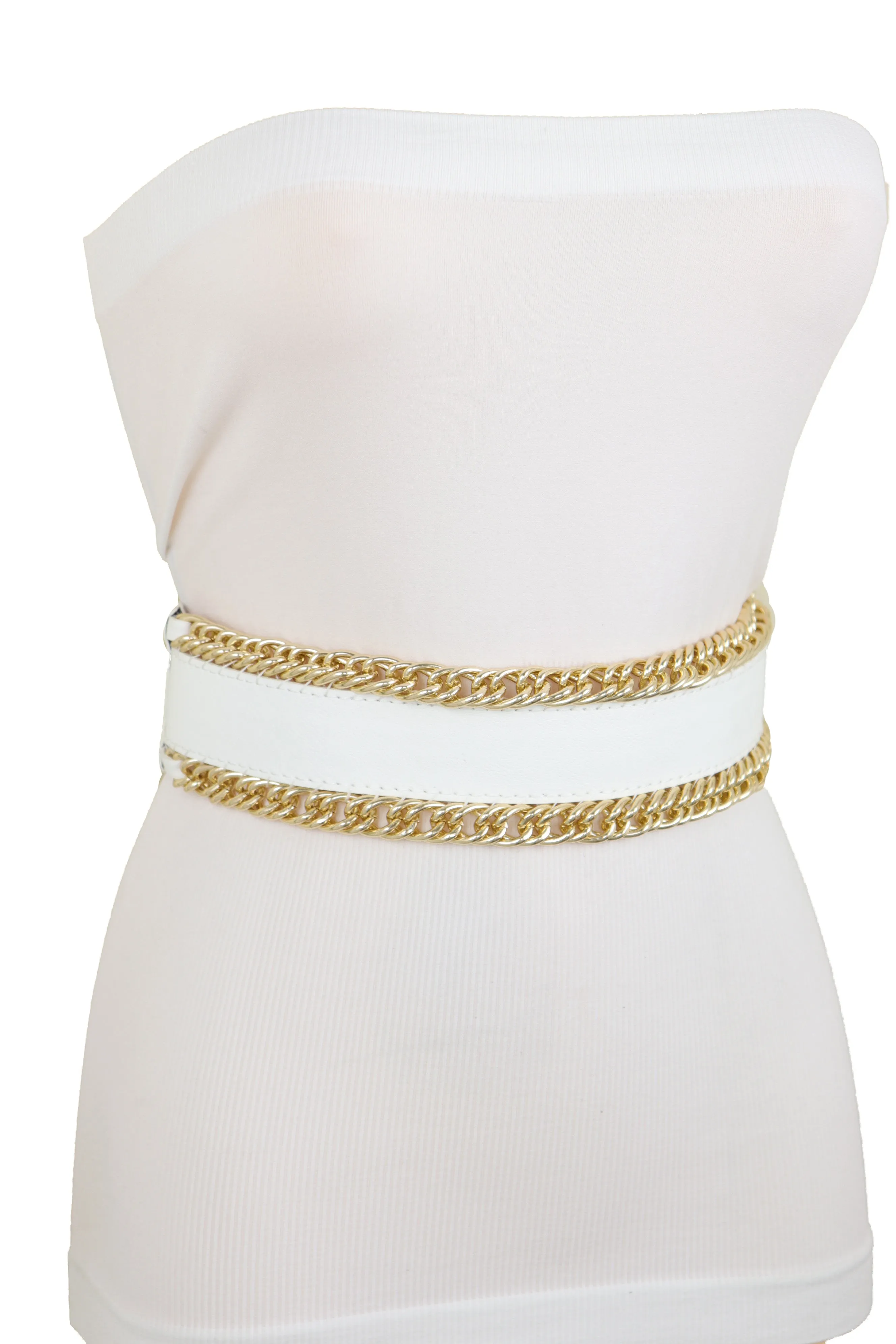 White Faux Leather Stretch Waistband Wide Belt Gold Metal Chain Links S M