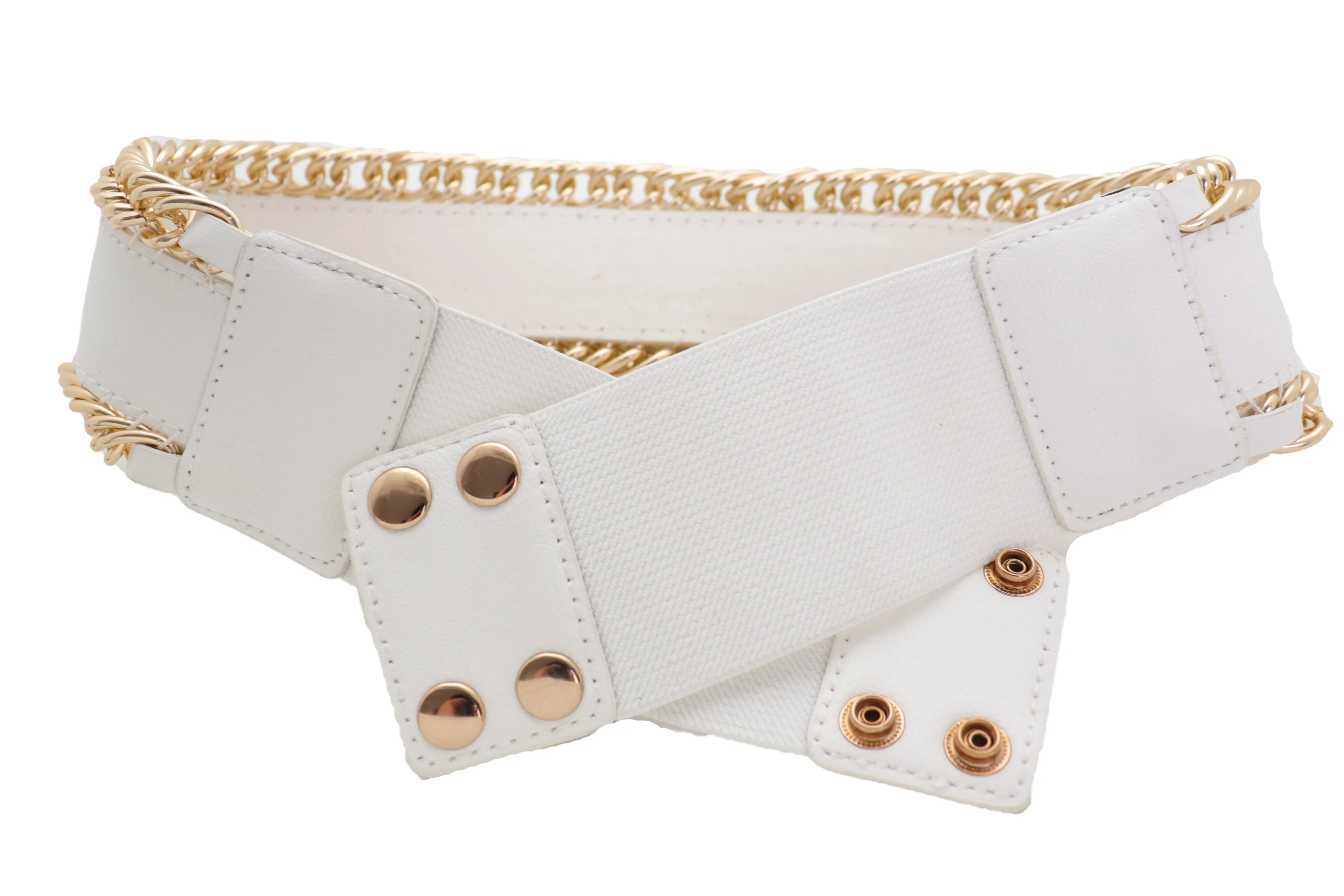 White Faux Leather Stretch Waistband Wide Belt Gold Metal Chain Links S M