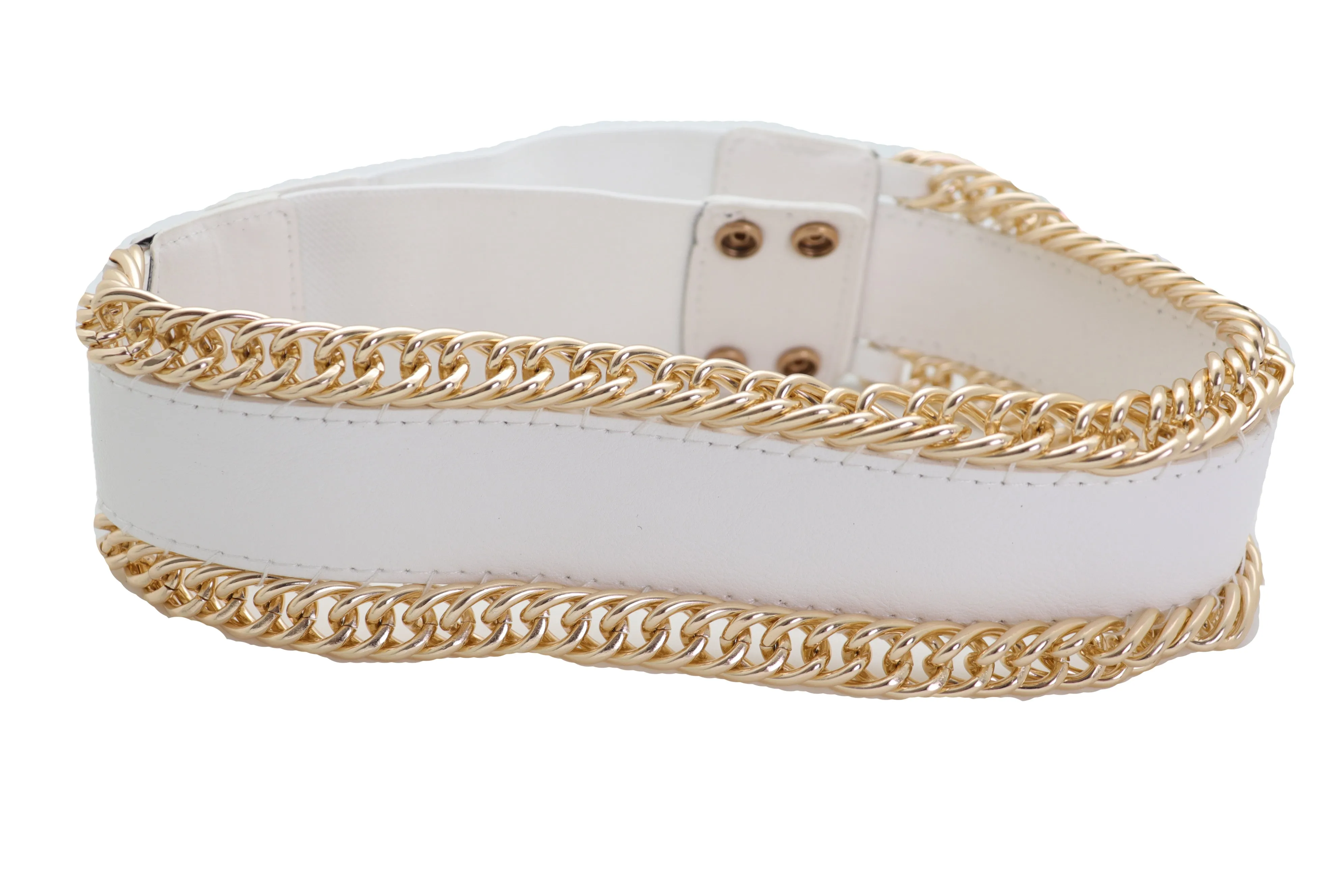 White Faux Leather Stretch Waistband Wide Belt Gold Metal Chain Links S M