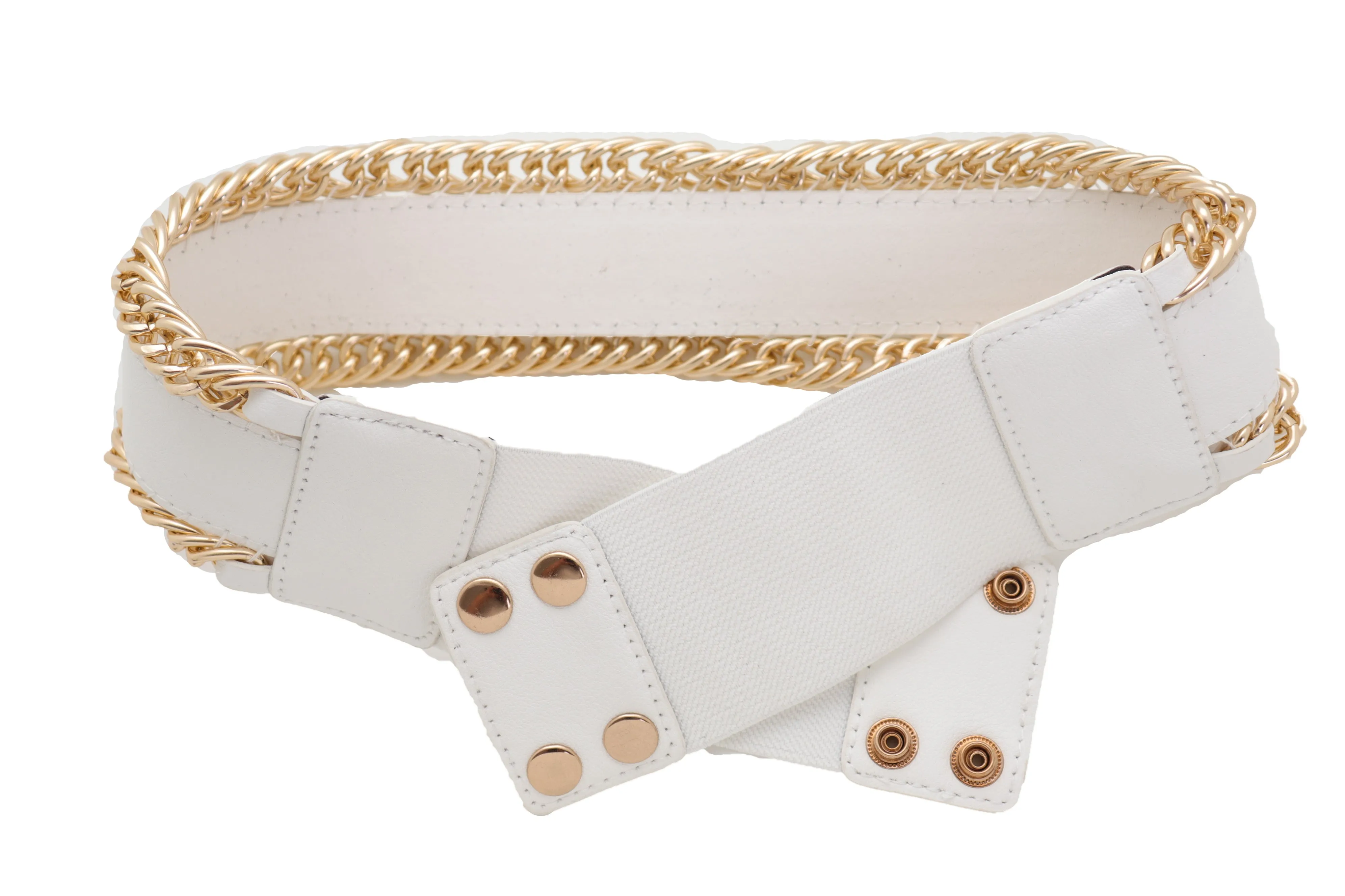 White Faux Leather Stretch Waistband Wide Belt Gold Metal Chain Links S M