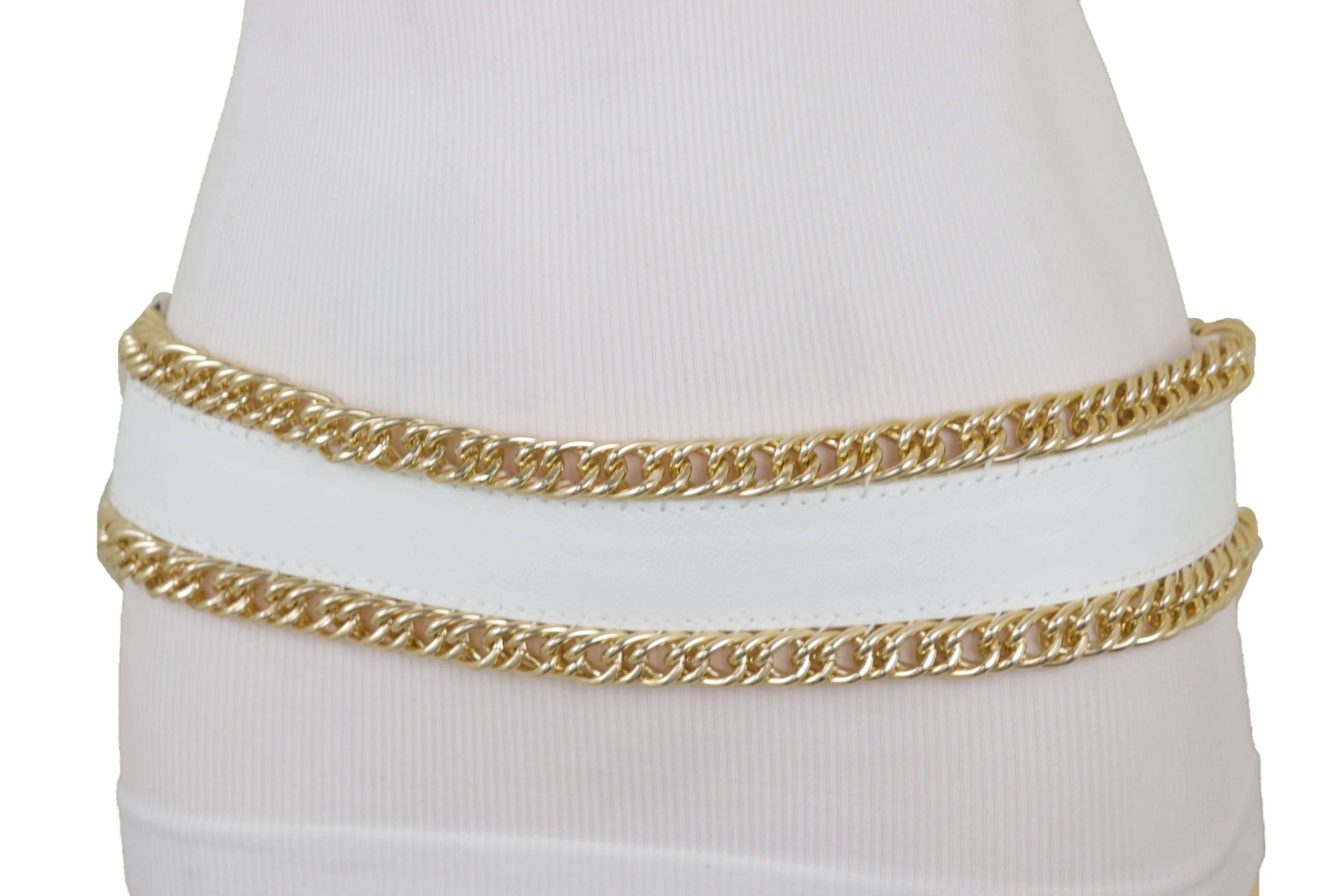 White Faux Leather Stretch Waistband Wide Belt Gold Metal Chain Links S M