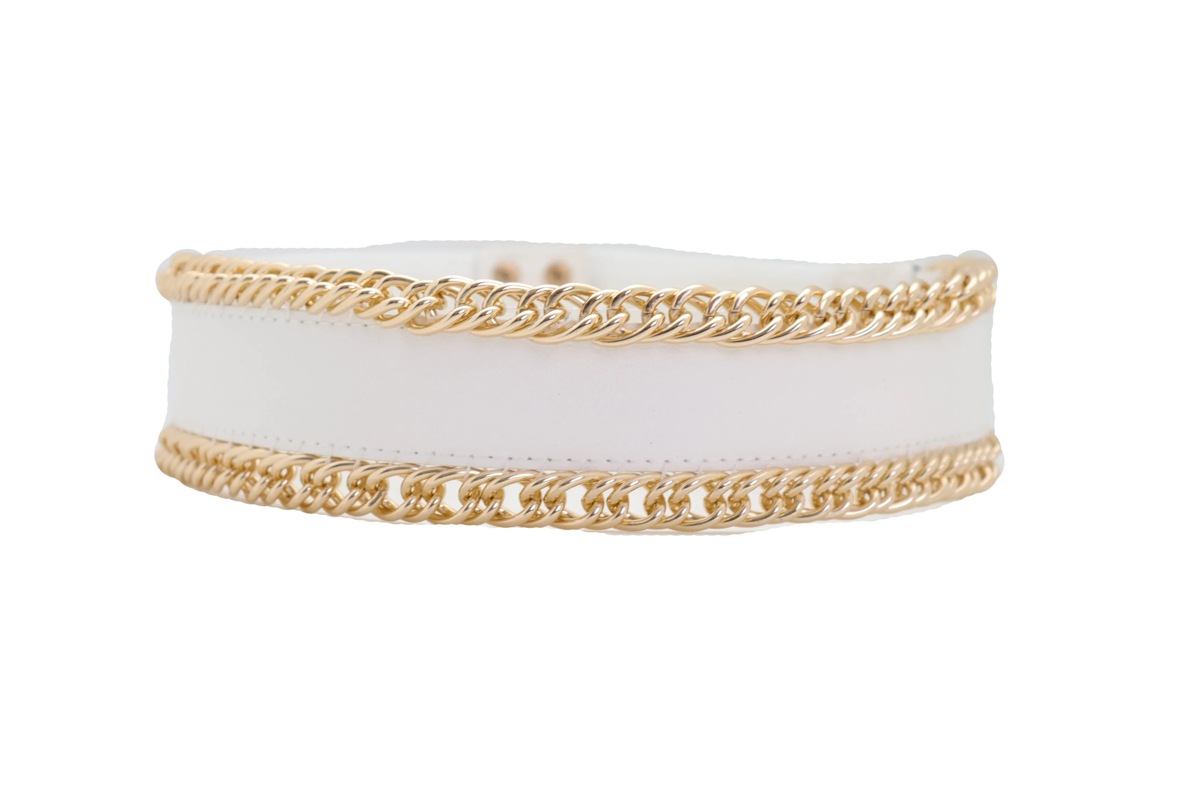 White Faux Leather Stretch Waistband Wide Belt Gold Metal Chain Links S M