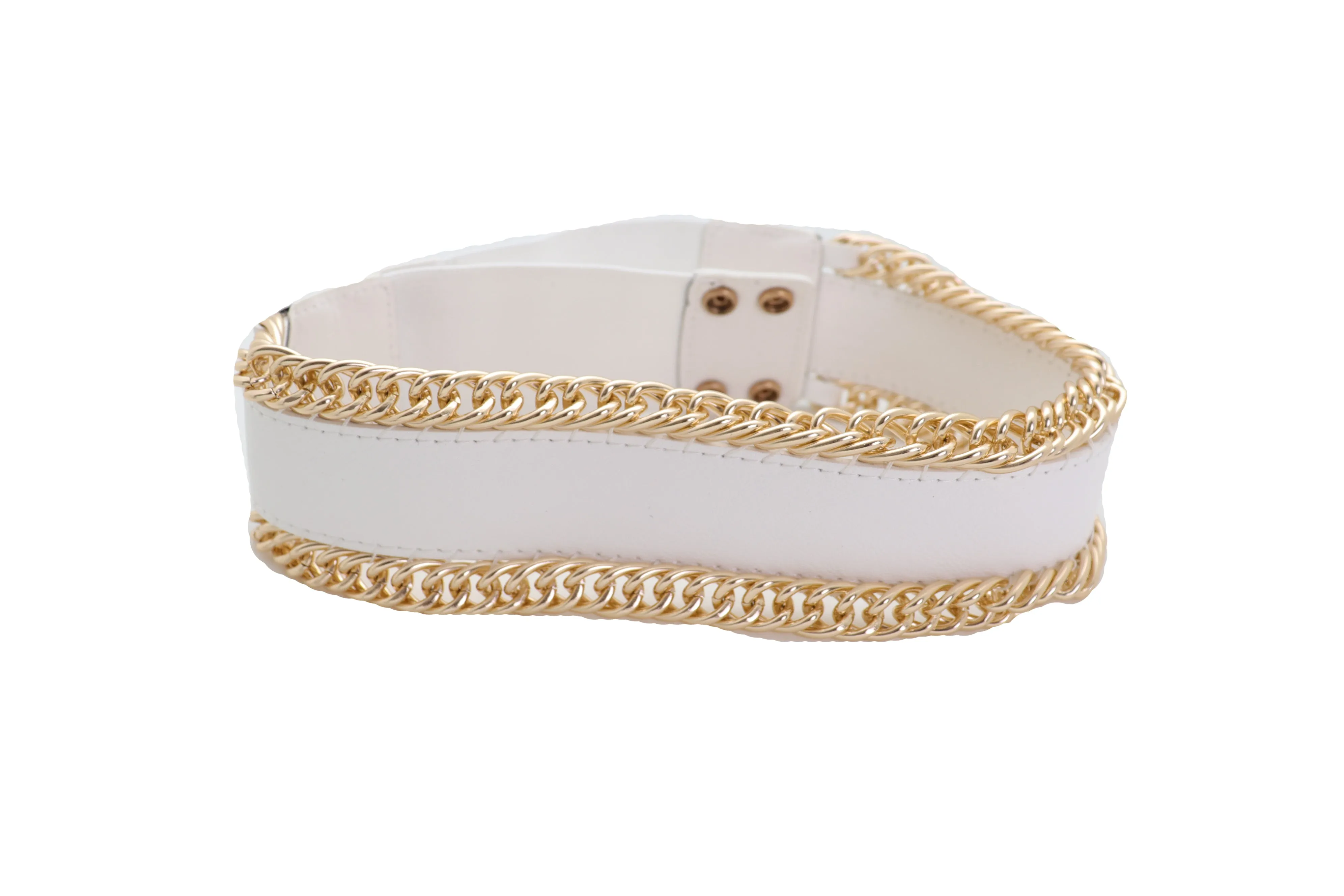White Faux Leather Stretch Waistband Wide Belt Gold Metal Chain Links S M