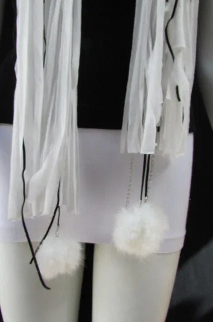 White Long Soft Fabric Scarf Mini Faux Fur 2 Balls Black Chains