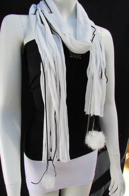 White Long Soft Fabric Scarf Mini Faux Fur 2 Balls Black Chains