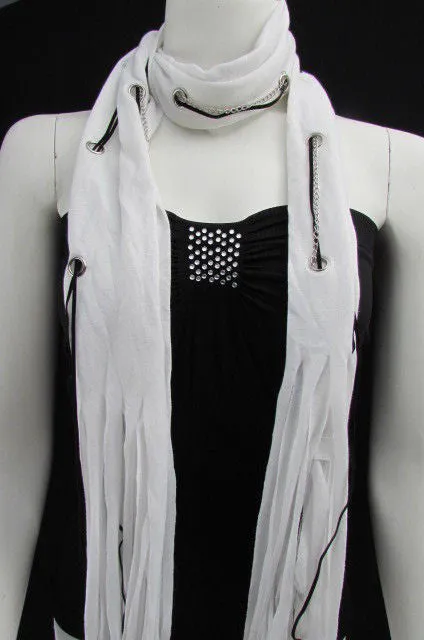 White Long Soft Fabric Scarf Mini Faux Fur 2 Balls Black Chains