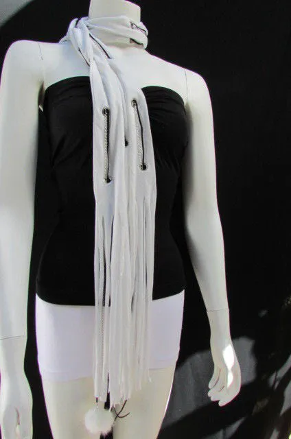 White Long Soft Fabric Scarf Mini Faux Fur 2 Balls Black Chains