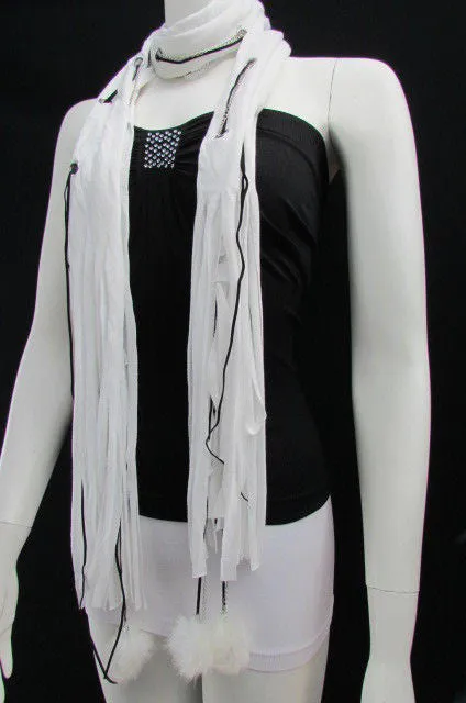 White Long Soft Fabric Scarf Mini Faux Fur 2 Balls Black Chains