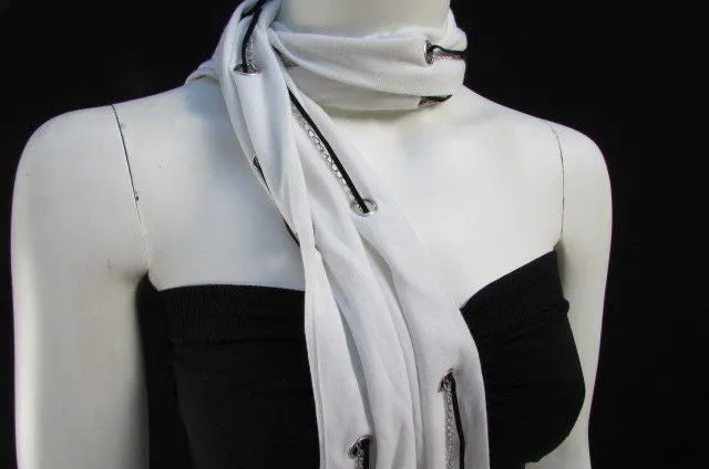 White Long Soft Fabric Scarf Mini Faux Fur 2 Balls Black Chains