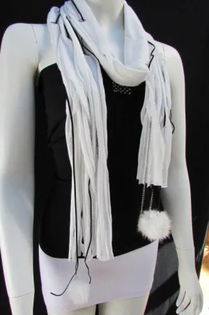 White Long Soft Fabric Scarf Mini Faux Fur 2 Balls Black Chains
