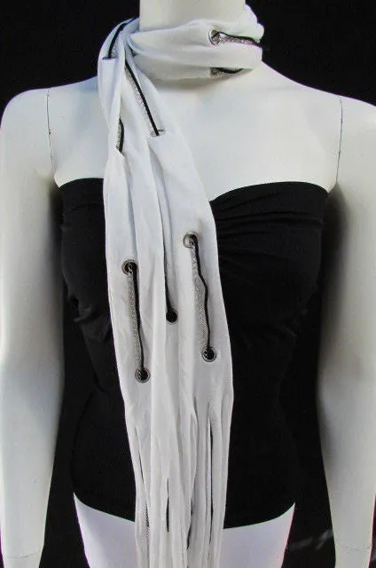 White Long Soft Fabric Scarf Mini Faux Fur 2 Balls Black Chains