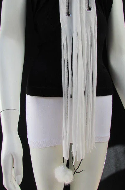 White Long Soft Fabric Scarf Mini Faux Fur 2 Balls Black Chains
