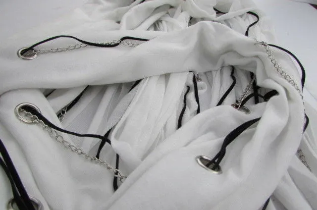 White Long Soft Fabric Scarf Mini Faux Fur 2 Balls Black Chains