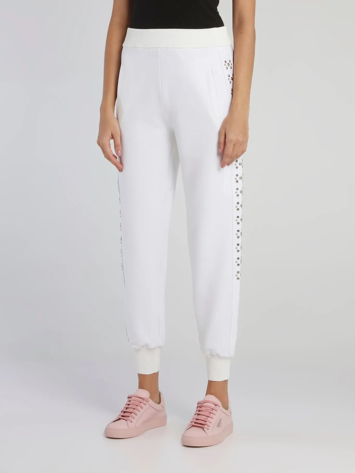 White Studded Waistband Track Pants