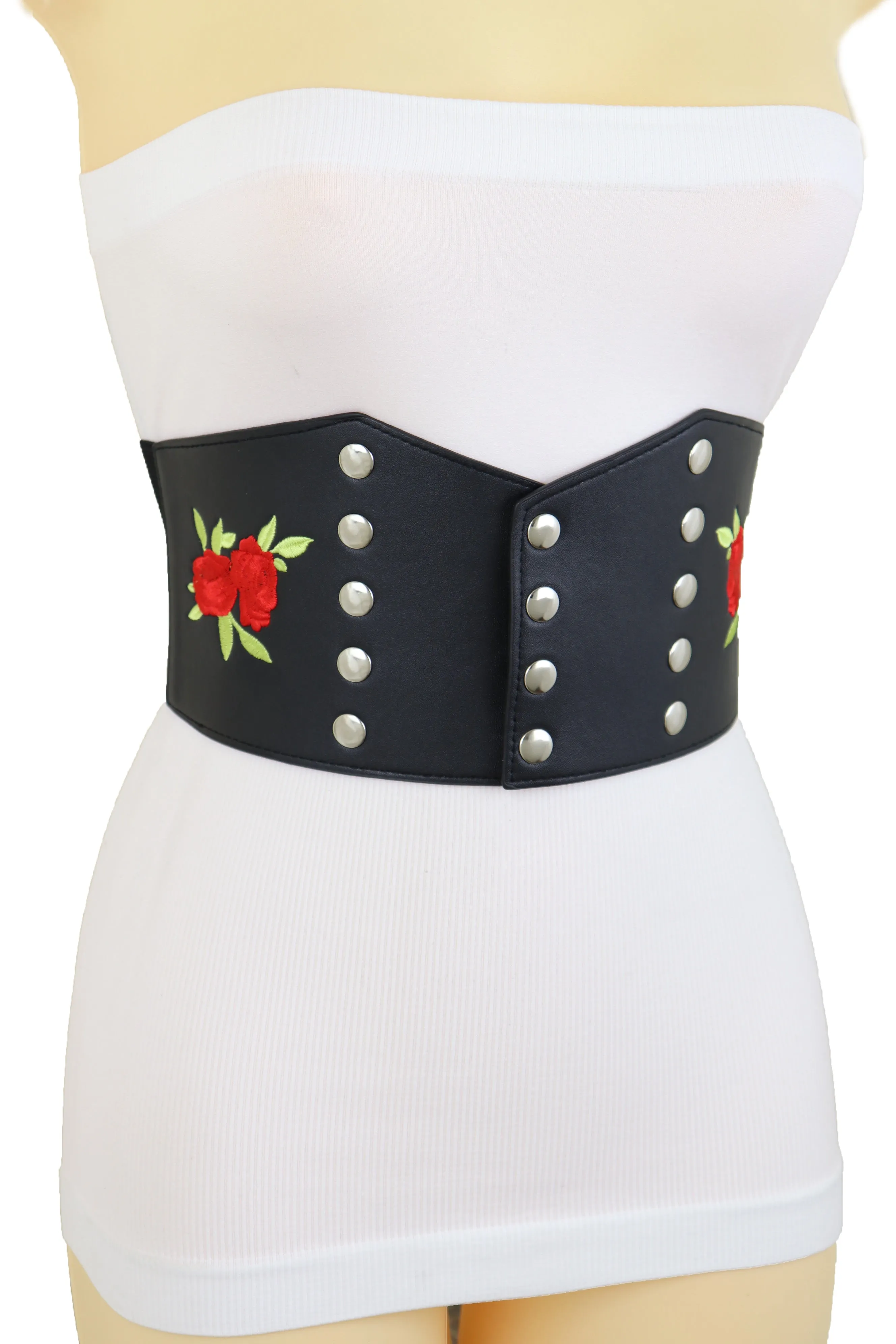 Wide Black Faux Leather Fashion Elastic Corset Belt Red Rose Flower S M