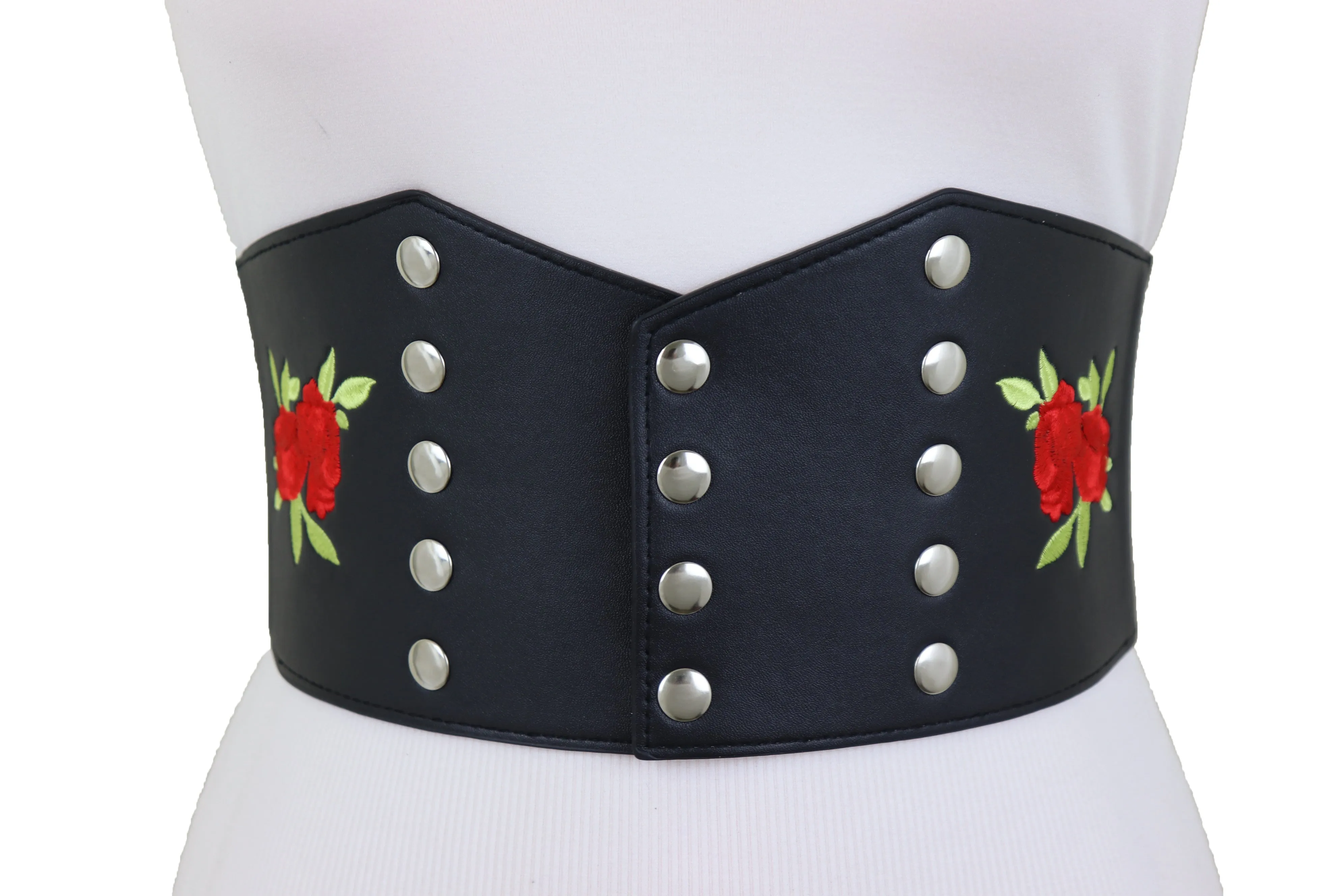 Wide Black Faux Leather Fashion Elastic Corset Belt Red Rose Flower S M
