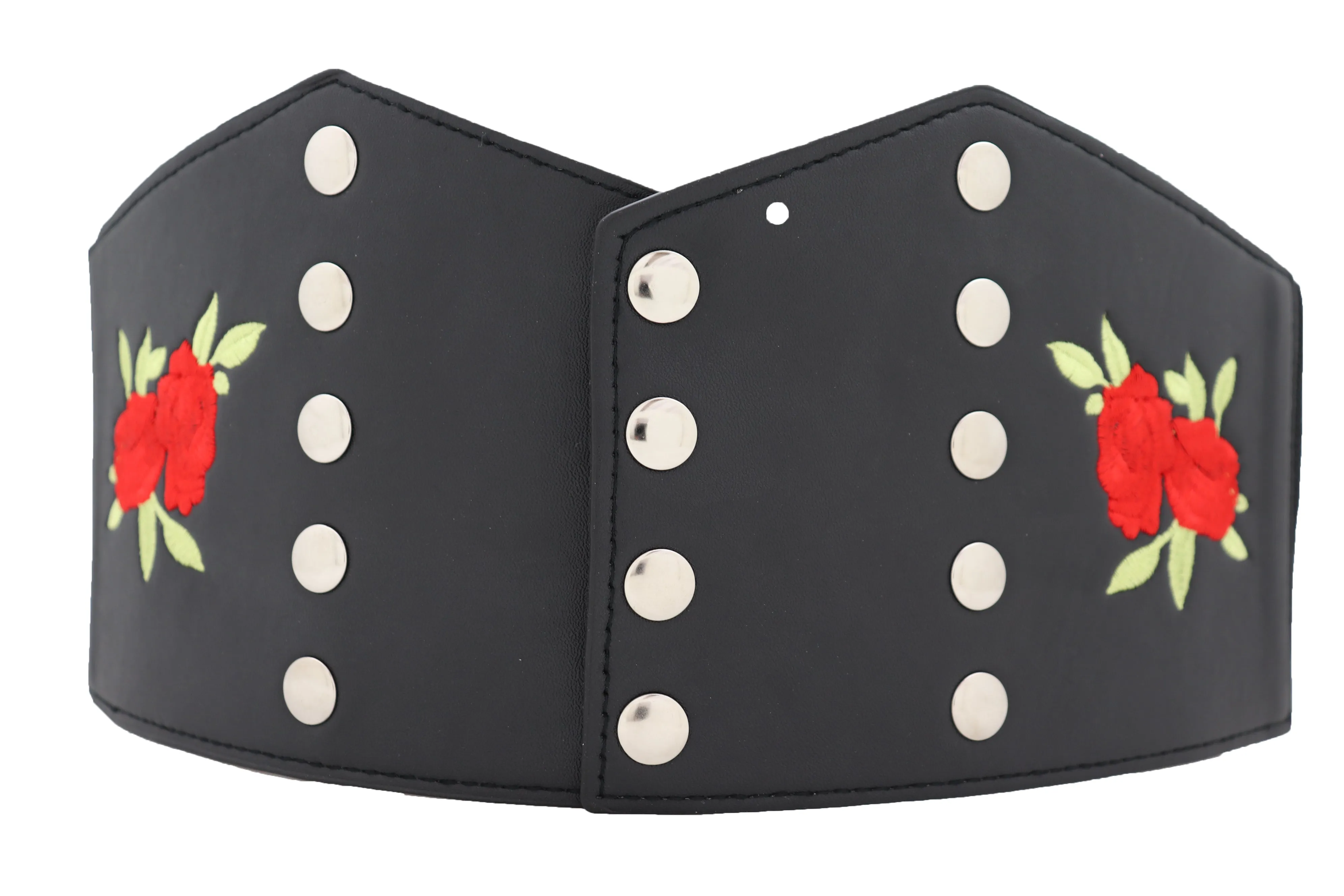 Wide Black Faux Leather Fashion Elastic Corset Belt Red Rose Flower S M