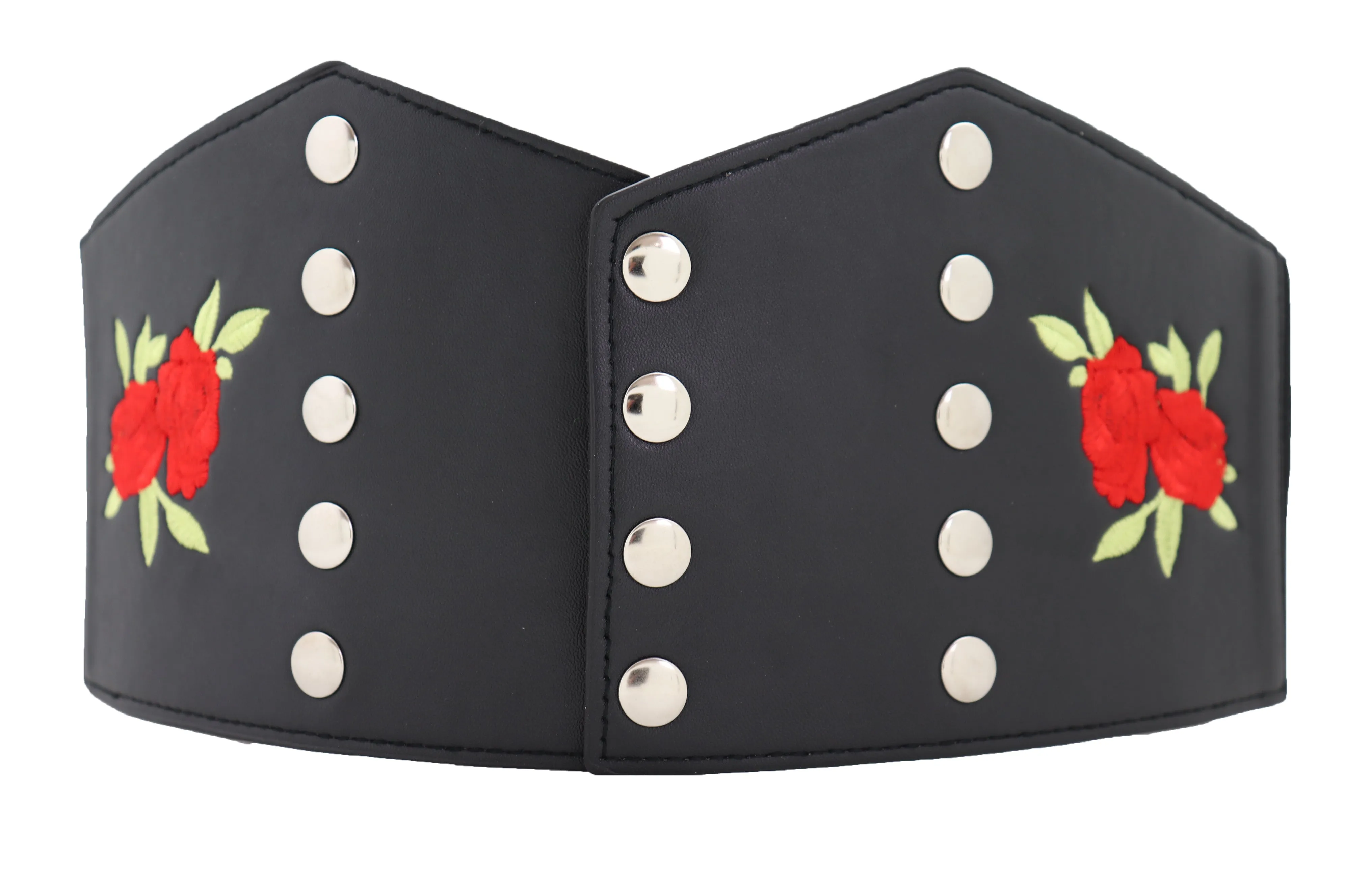 Wide Black Faux Leather Fashion Elastic Corset Belt Red Rose Flower S M